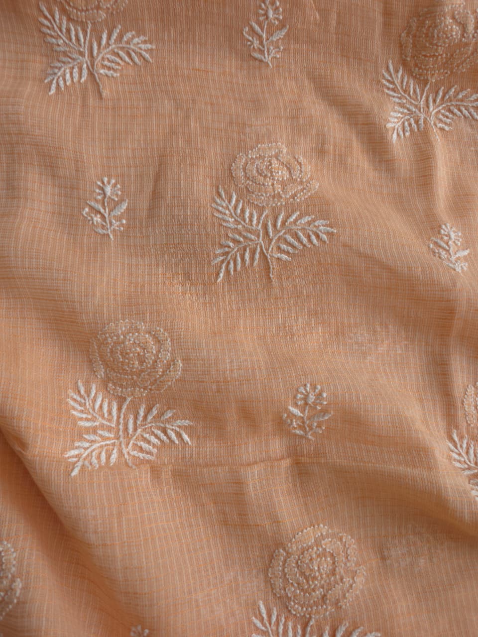 Peach kota cotton kurta fabric with fine rose motifs