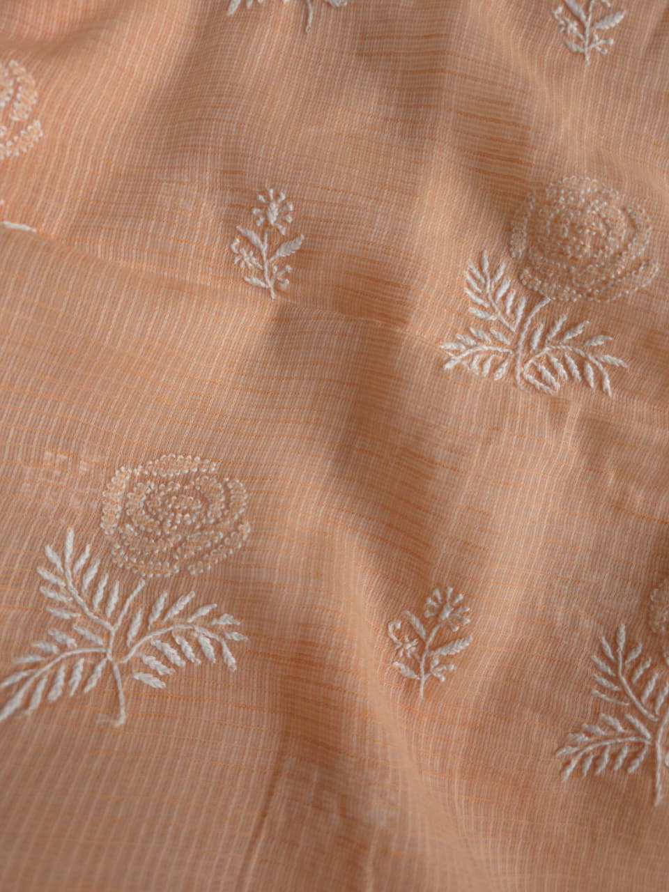 Peach kota cotton kurta fabric with fine rose motifs