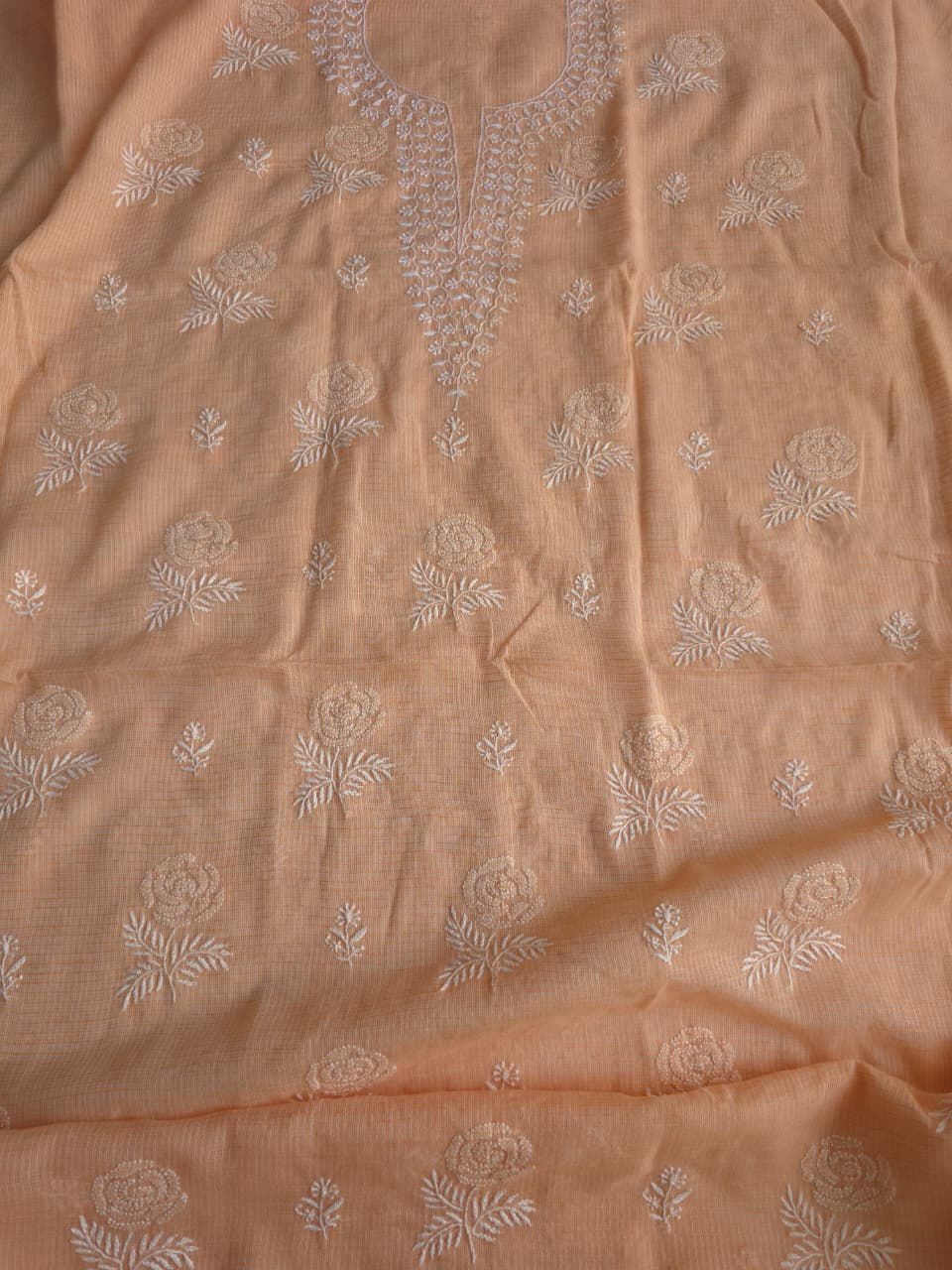 Peach kota cotton kurta fabric with fine rose motifs