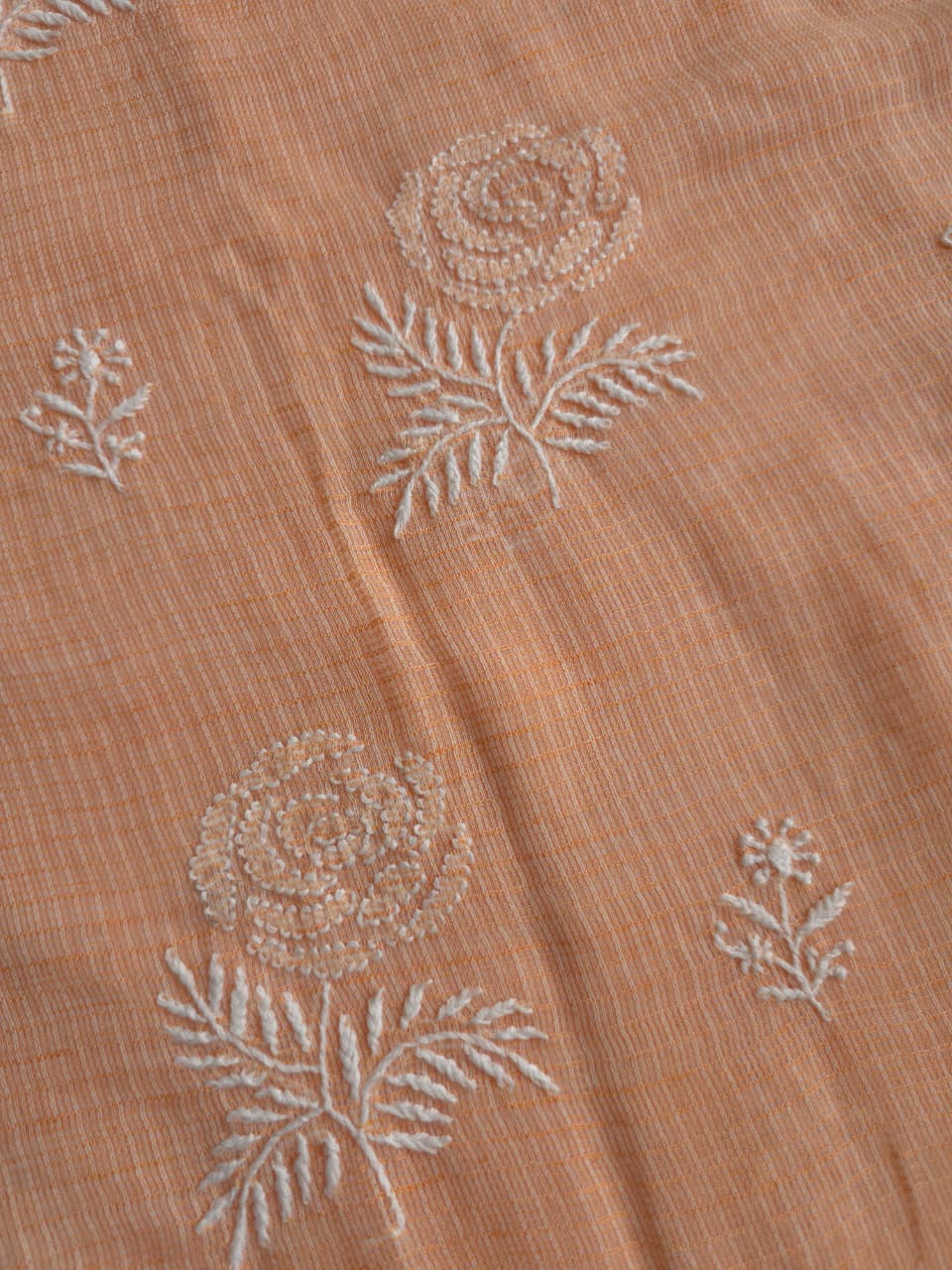 Peach kota cotton kurta fabric with fine rose motifs