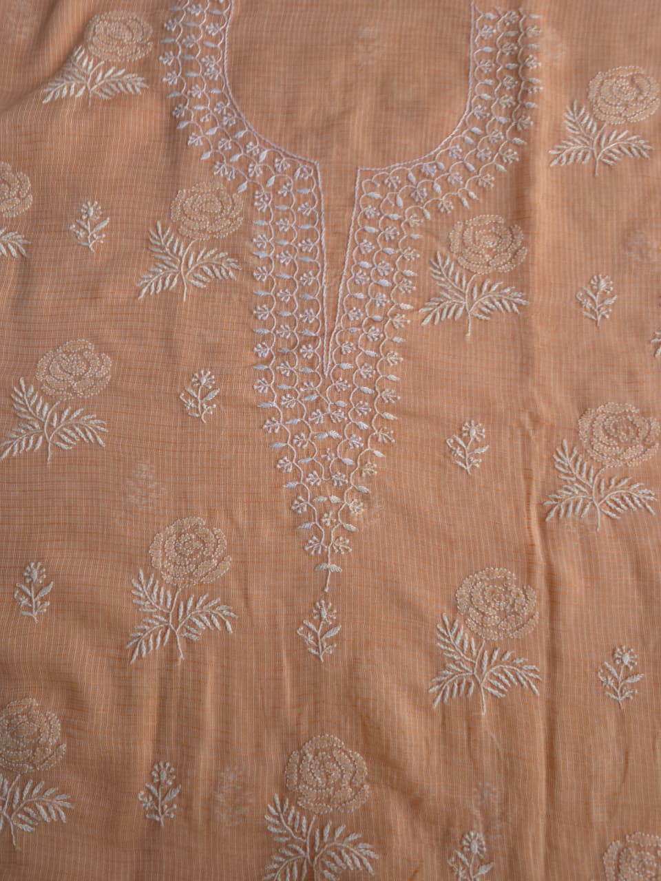 Peach kota cotton kurta fabric with fine rose motifs