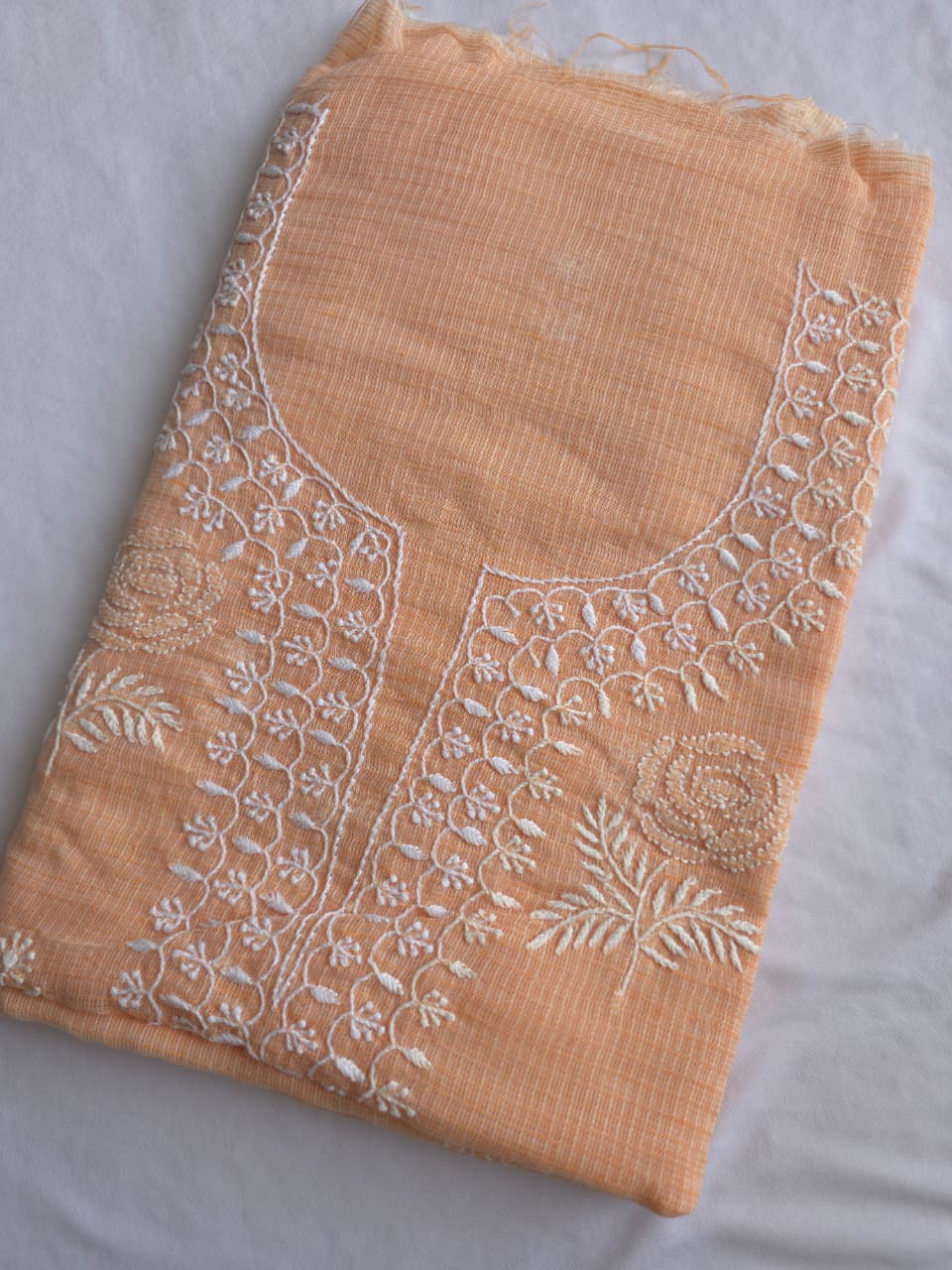 Peach kota cotton kurta fabric with fine rose motifs