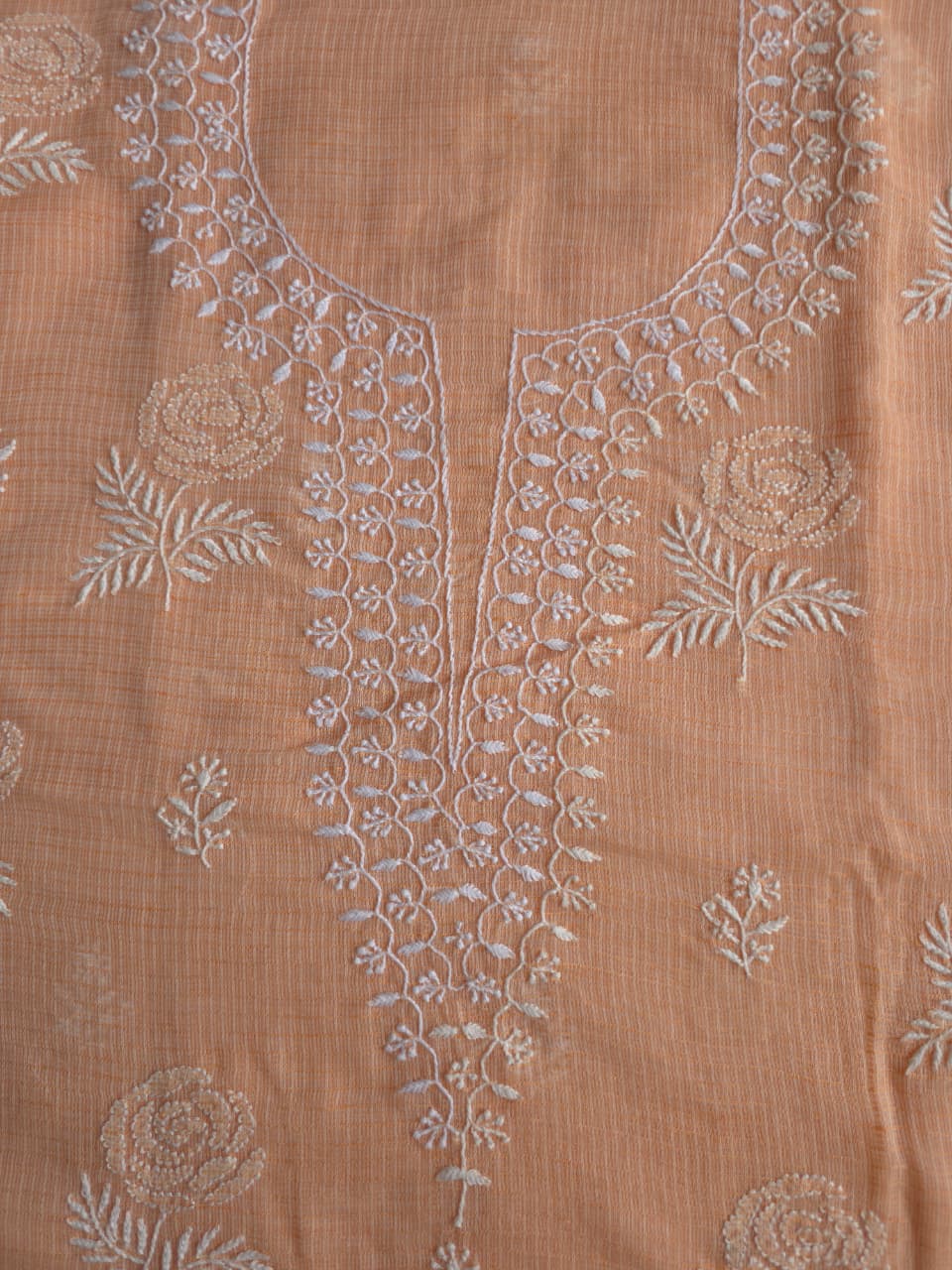 Peach kota cotton kurta fabric with fine rose motifs
