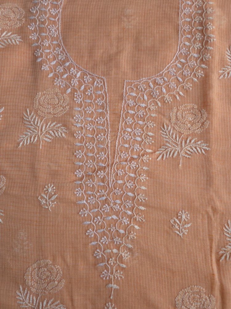 Image of Peach kota cotton kurta fabric with fine rose motifs
