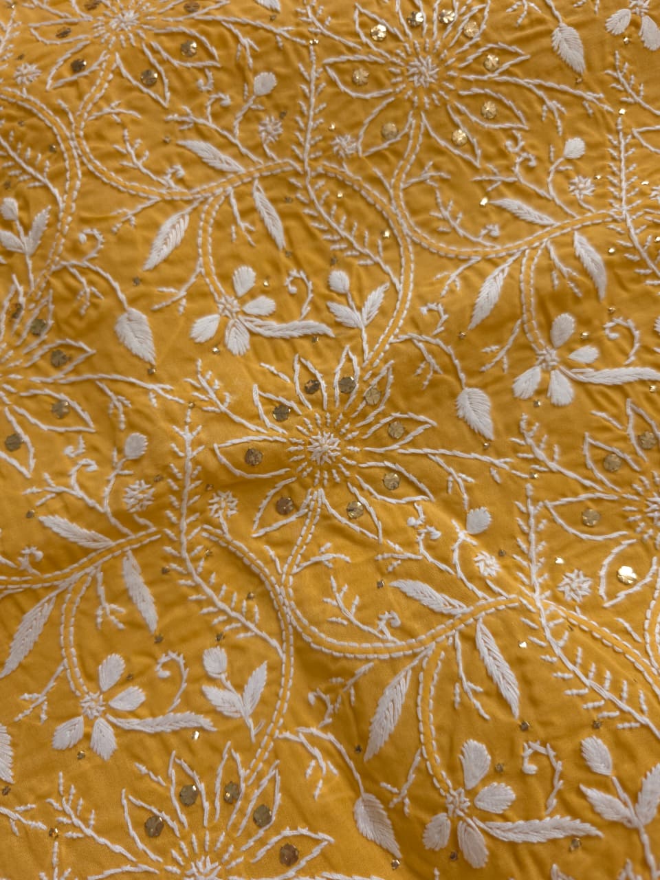 Mustard Yellow kurta fabric with heavy Mukaish and chikankari