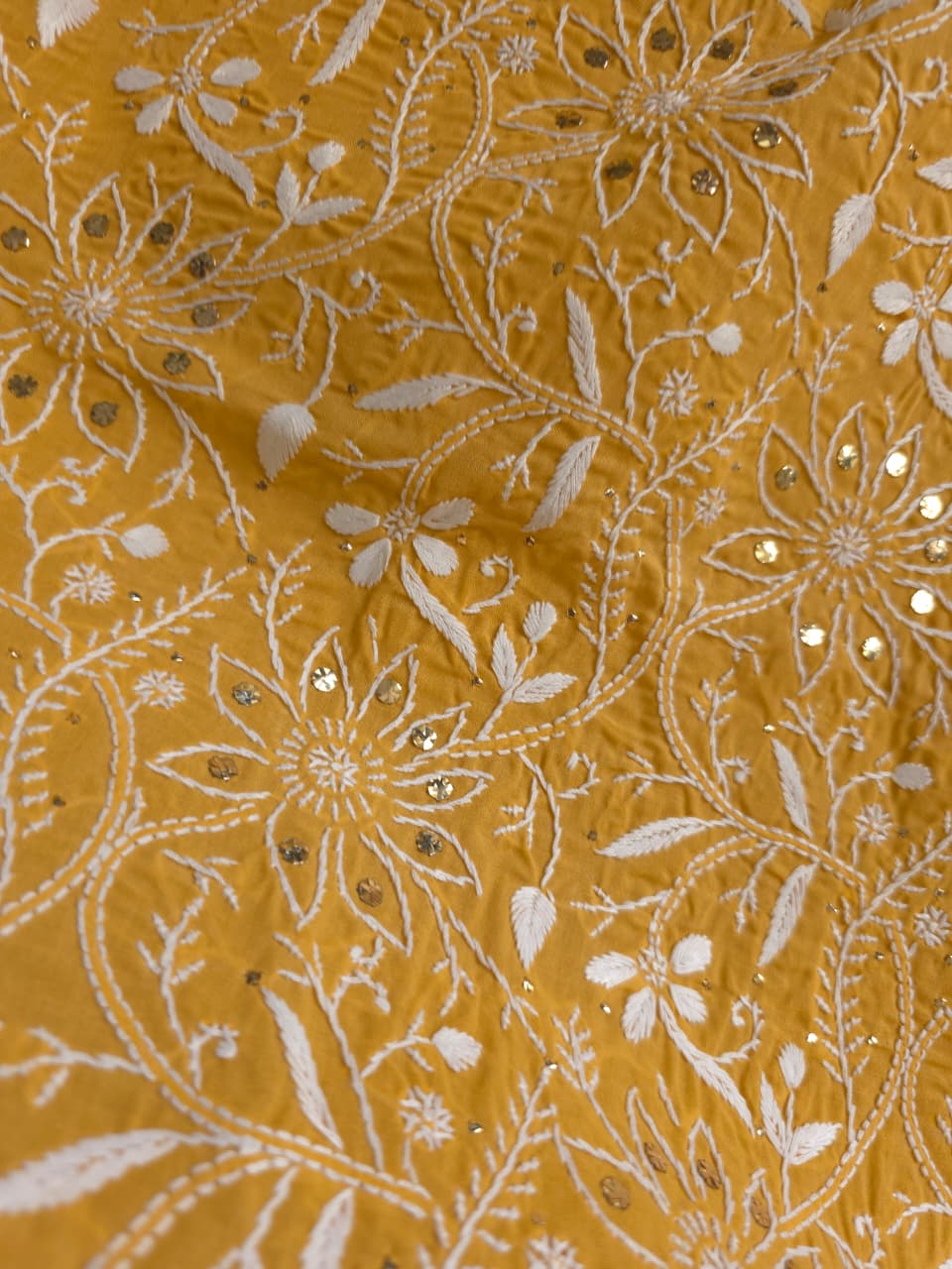 Mustard Yellow kurta fabric with heavy Mukaish and chikankari