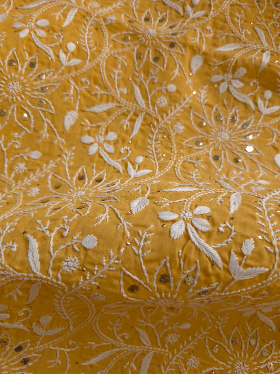 Mustard Yellow kurta fabric with heavy Mukaish and chikankari