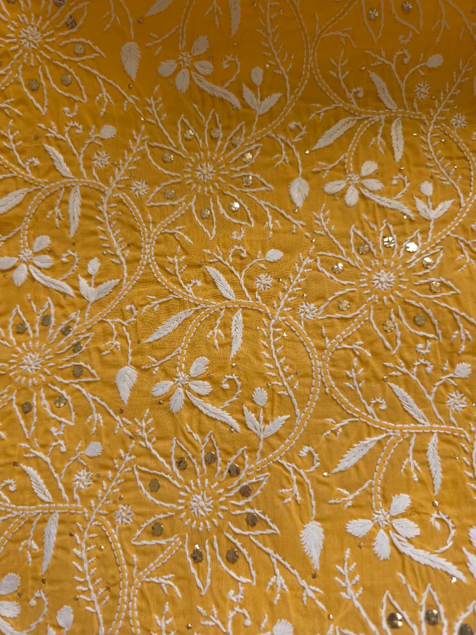 Mustard Yellow kurta fabric with heavy Mukaish and chikankari