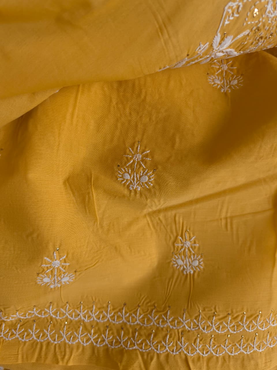 Mustard Yellow kurta fabric with heavy Mukaish and chikankari