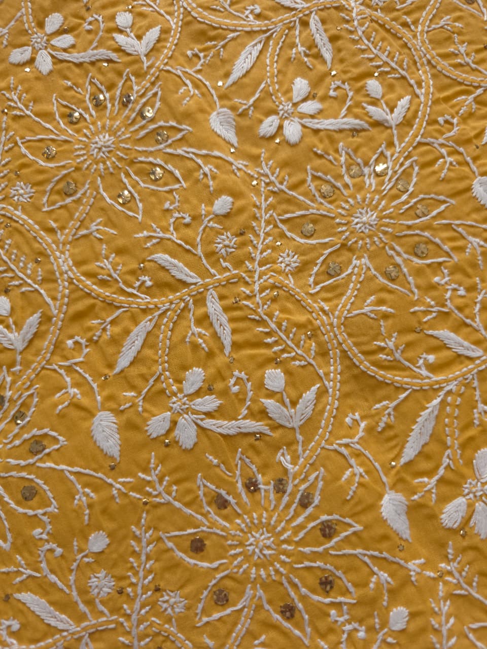 Mustard Yellow kurta fabric with heavy Mukaish and chikankari