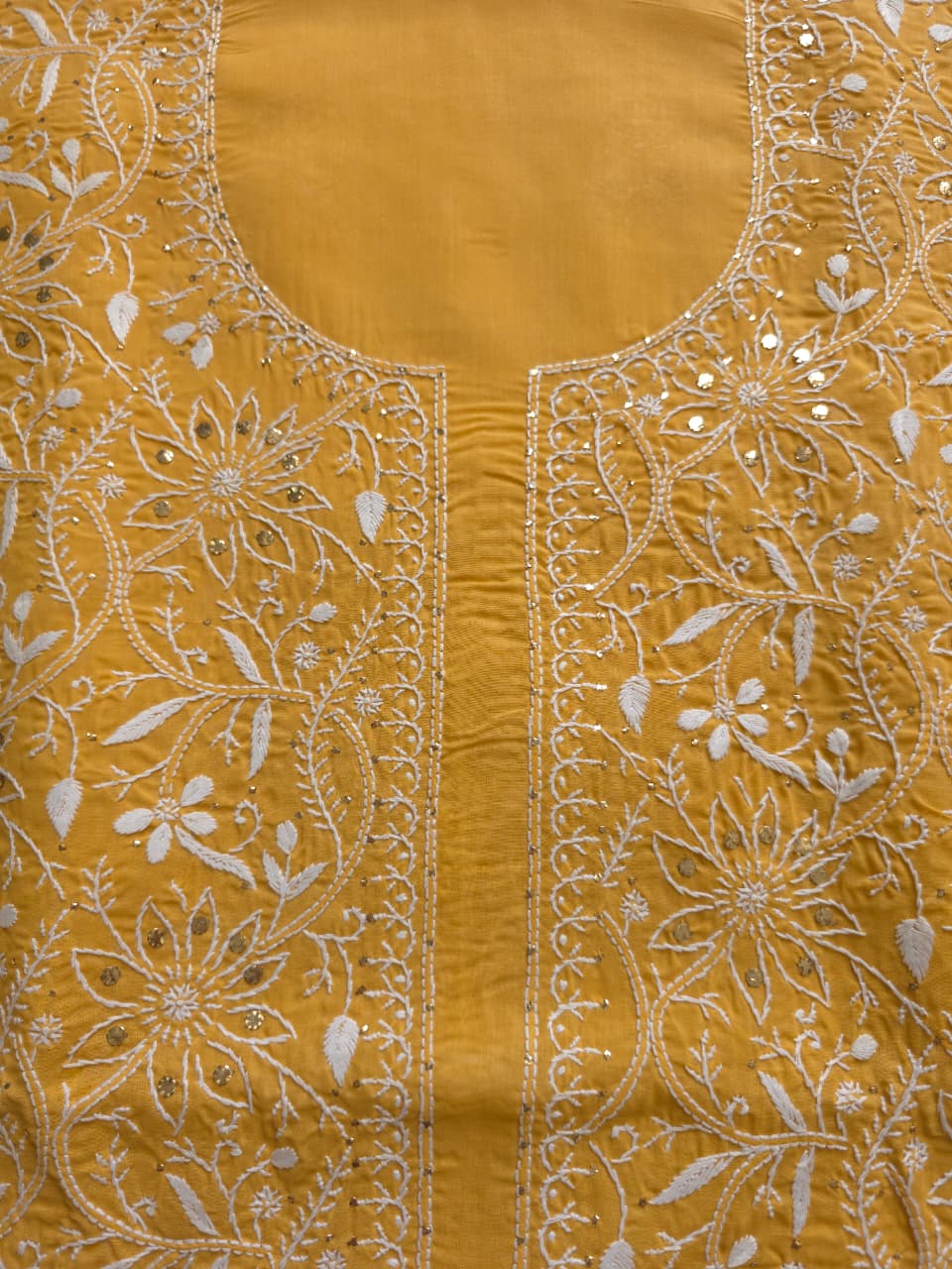 Mustard Yellow kurta fabric with heavy Mukaish and chikankari