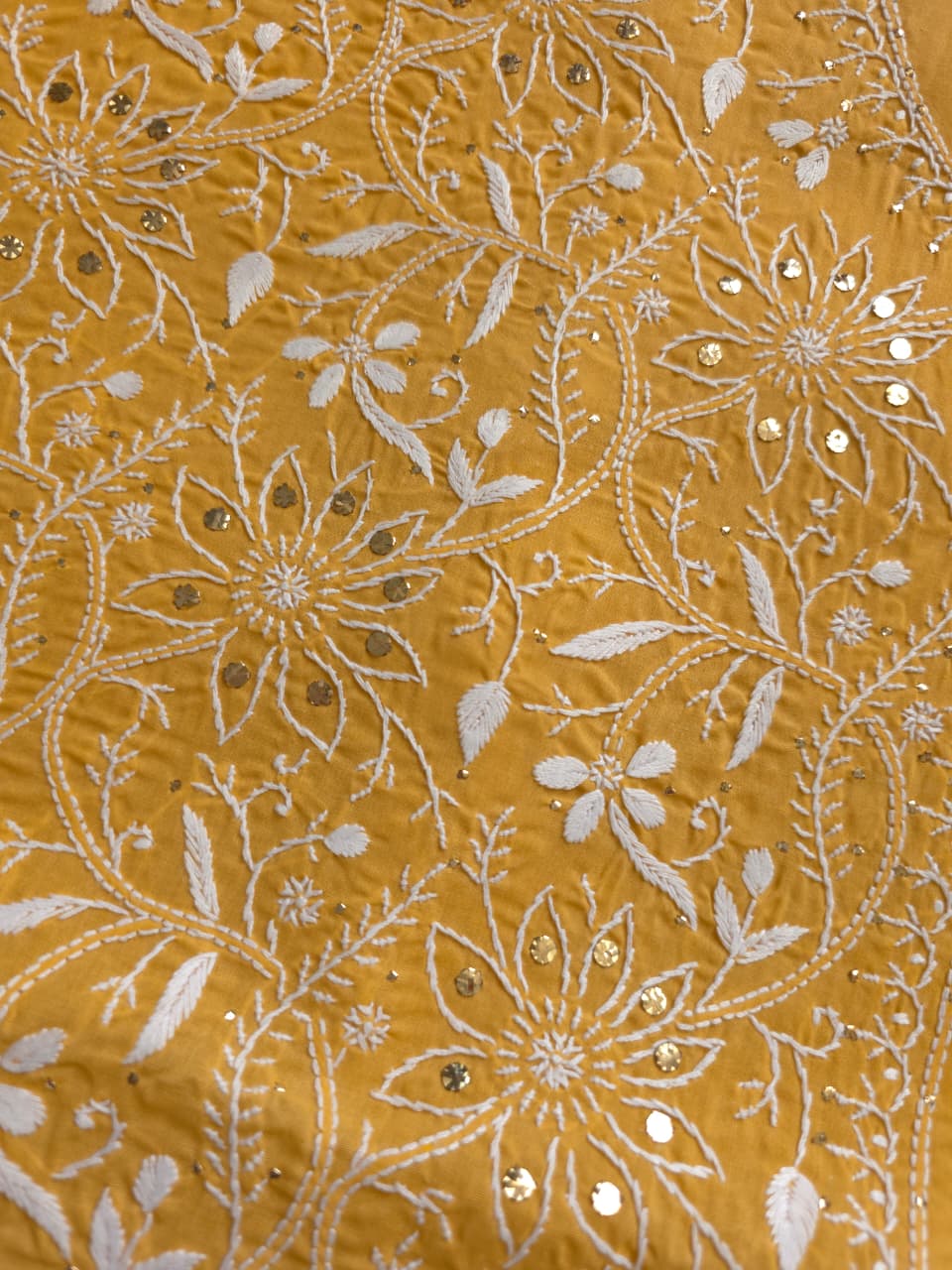 Mustard Yellow kurta fabric with heavy Mukaish and chikankari