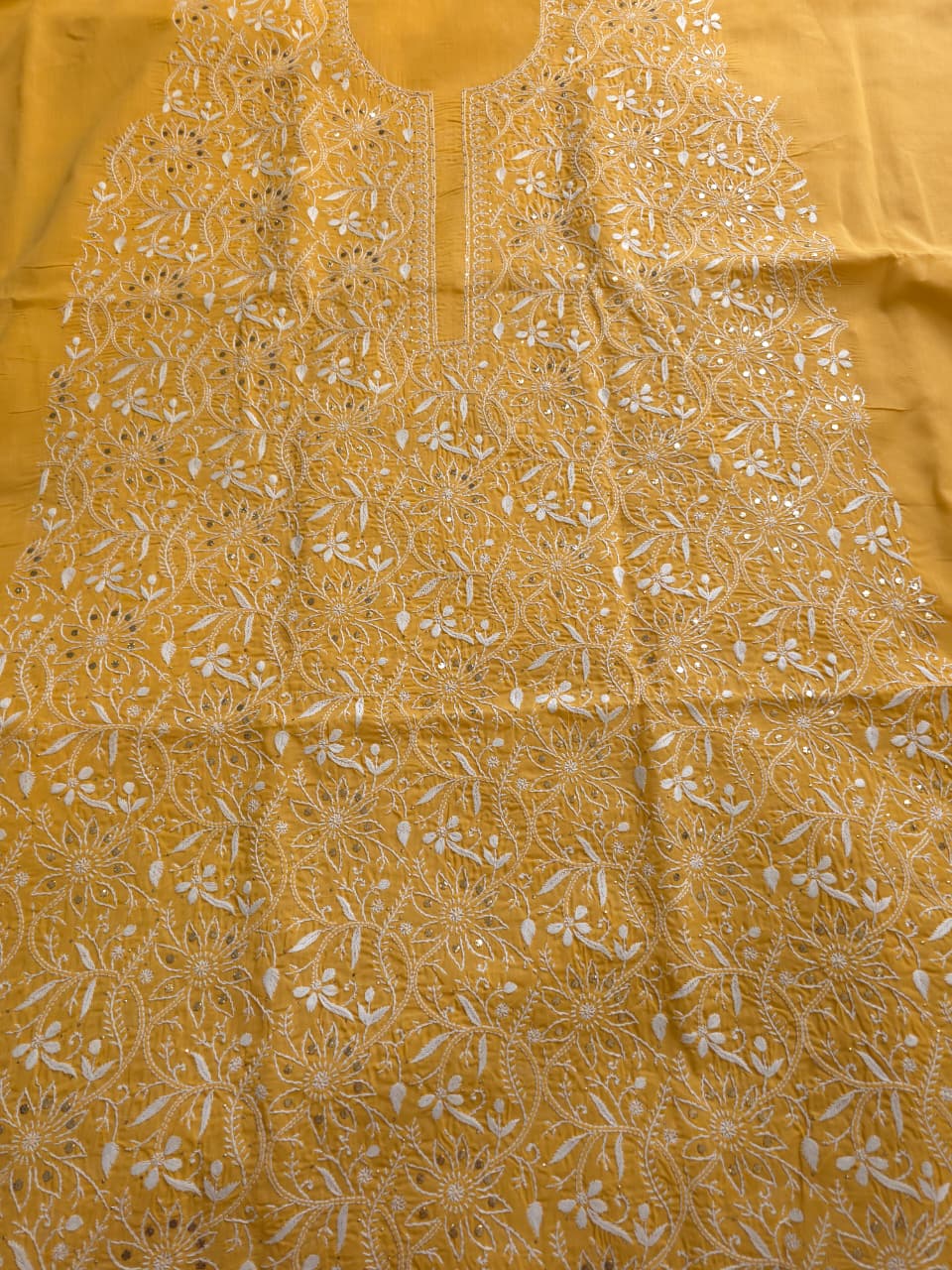 Mustard Yellow kurta fabric with heavy Mukaish and chikankari