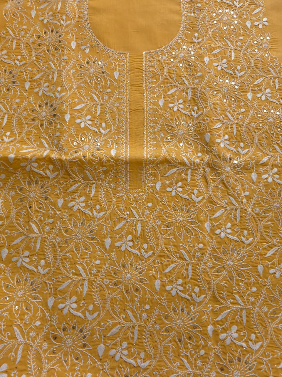 Mustard Yellow kurta fabric with heavy Mukaish and chikankari