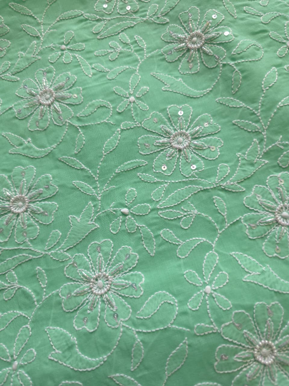 Green Cotton kurta fabric with jaalwork and embellishments