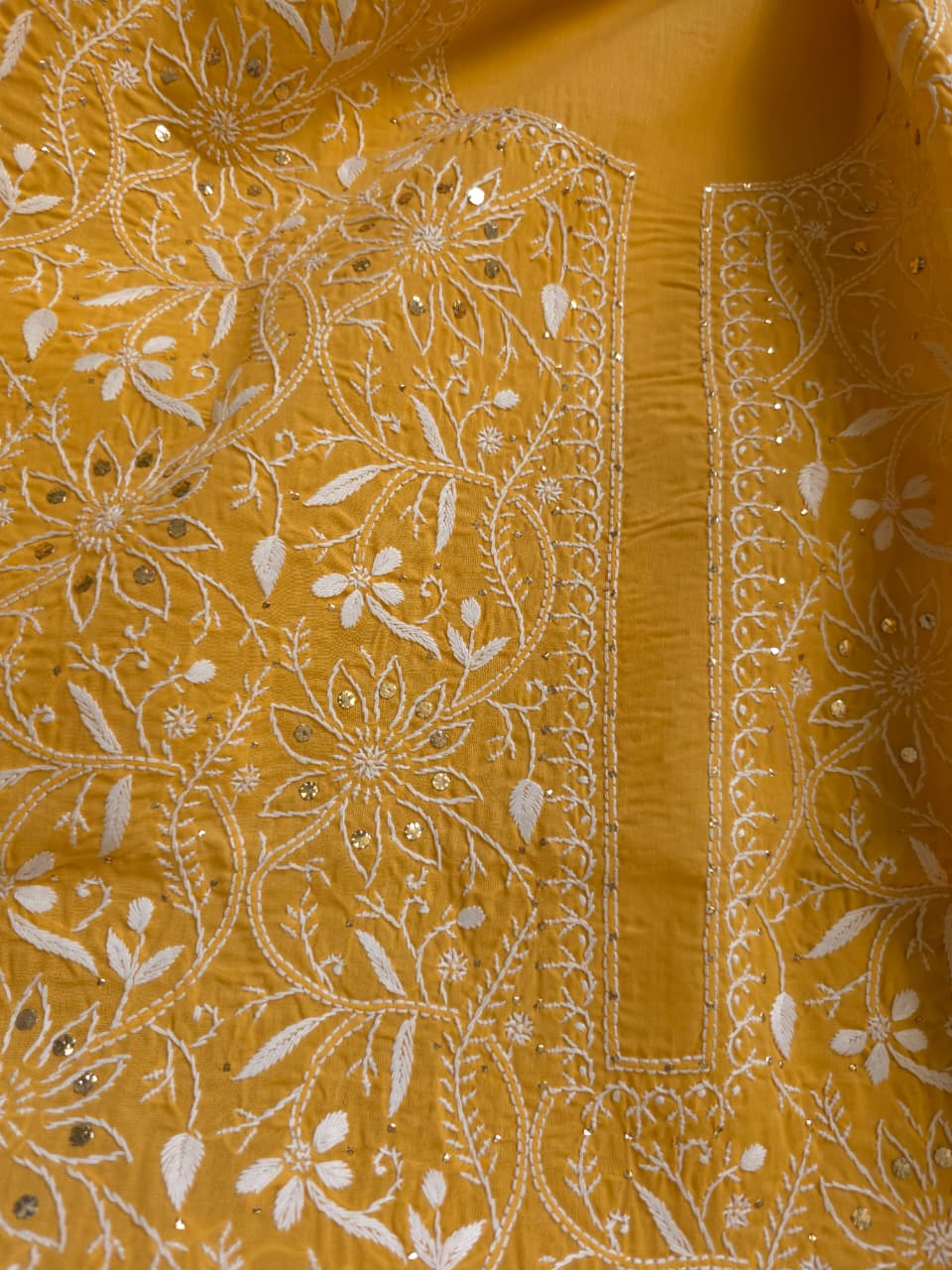 Mustard Yellow kurta fabric with heavy Mukaish and chikankari