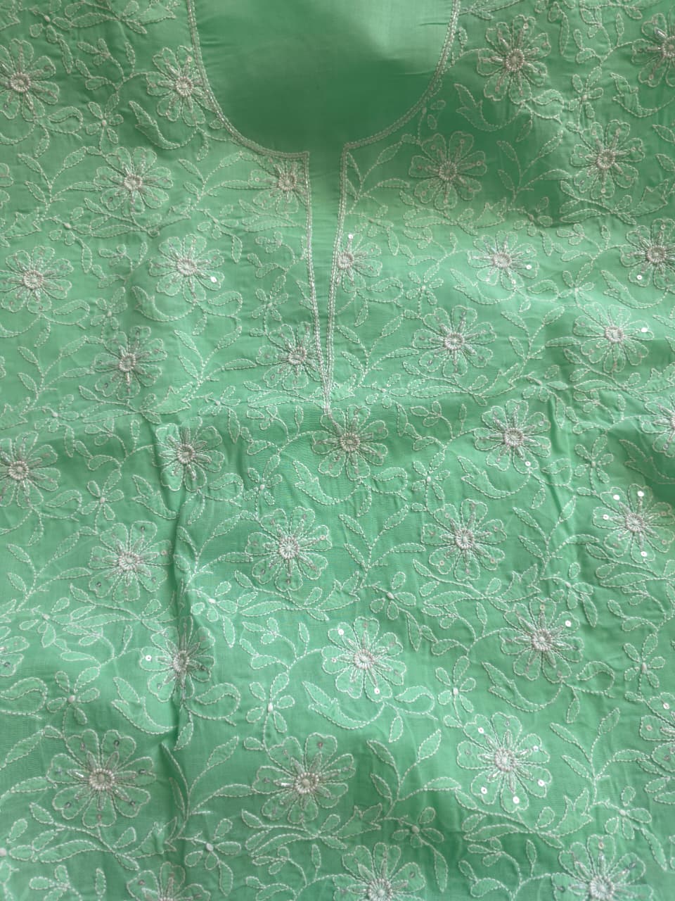 Green Cotton kurta fabric with jaalwork and embellishments