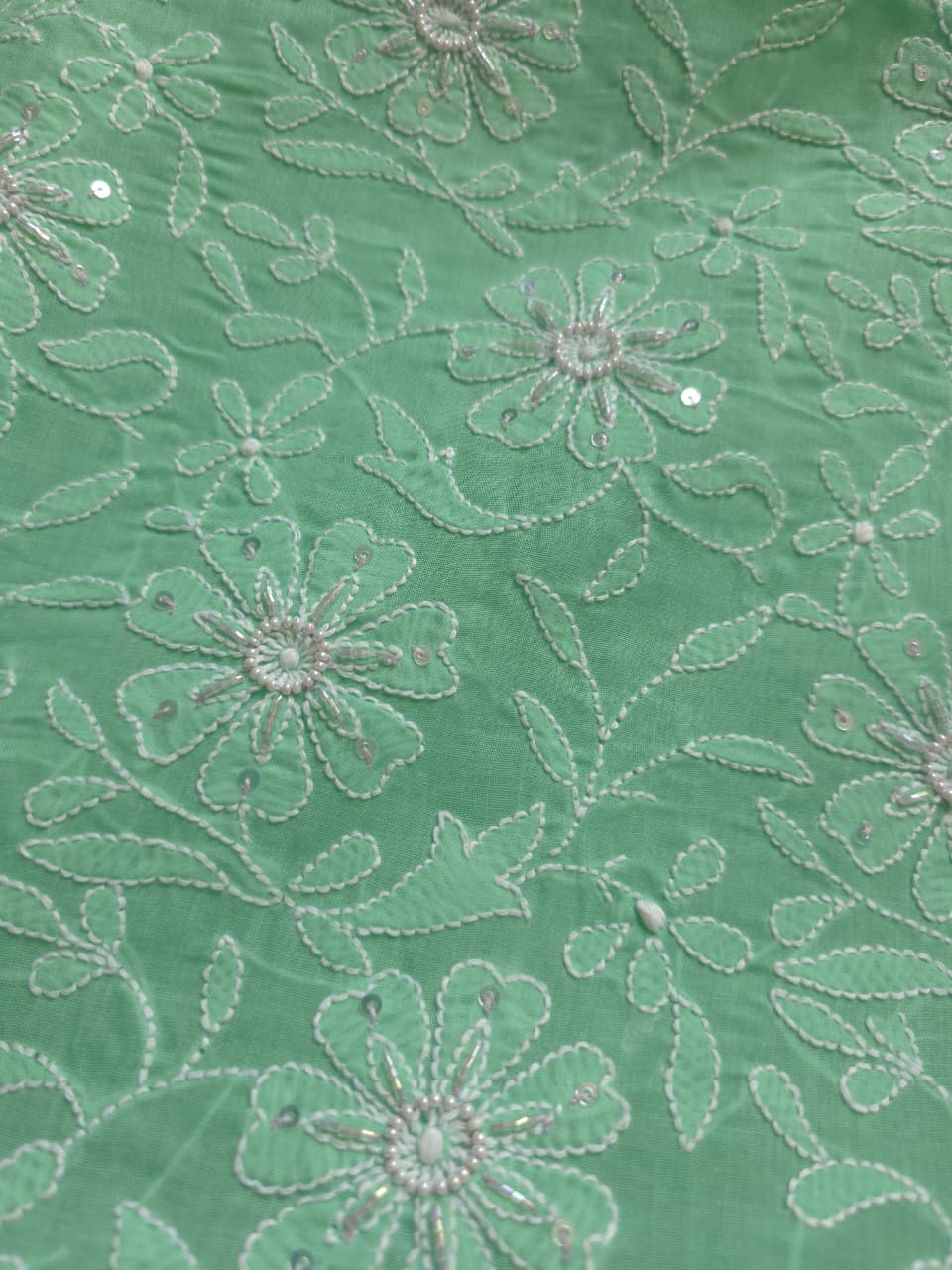 Green Cotton kurta fabric with jaalwork and embellishments