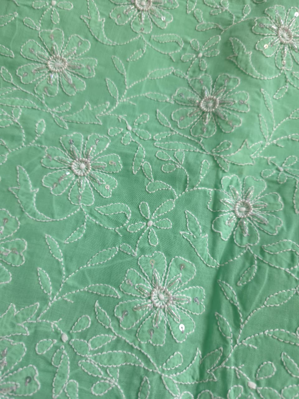 Green Cotton kurta fabric with jaalwork and embellishments