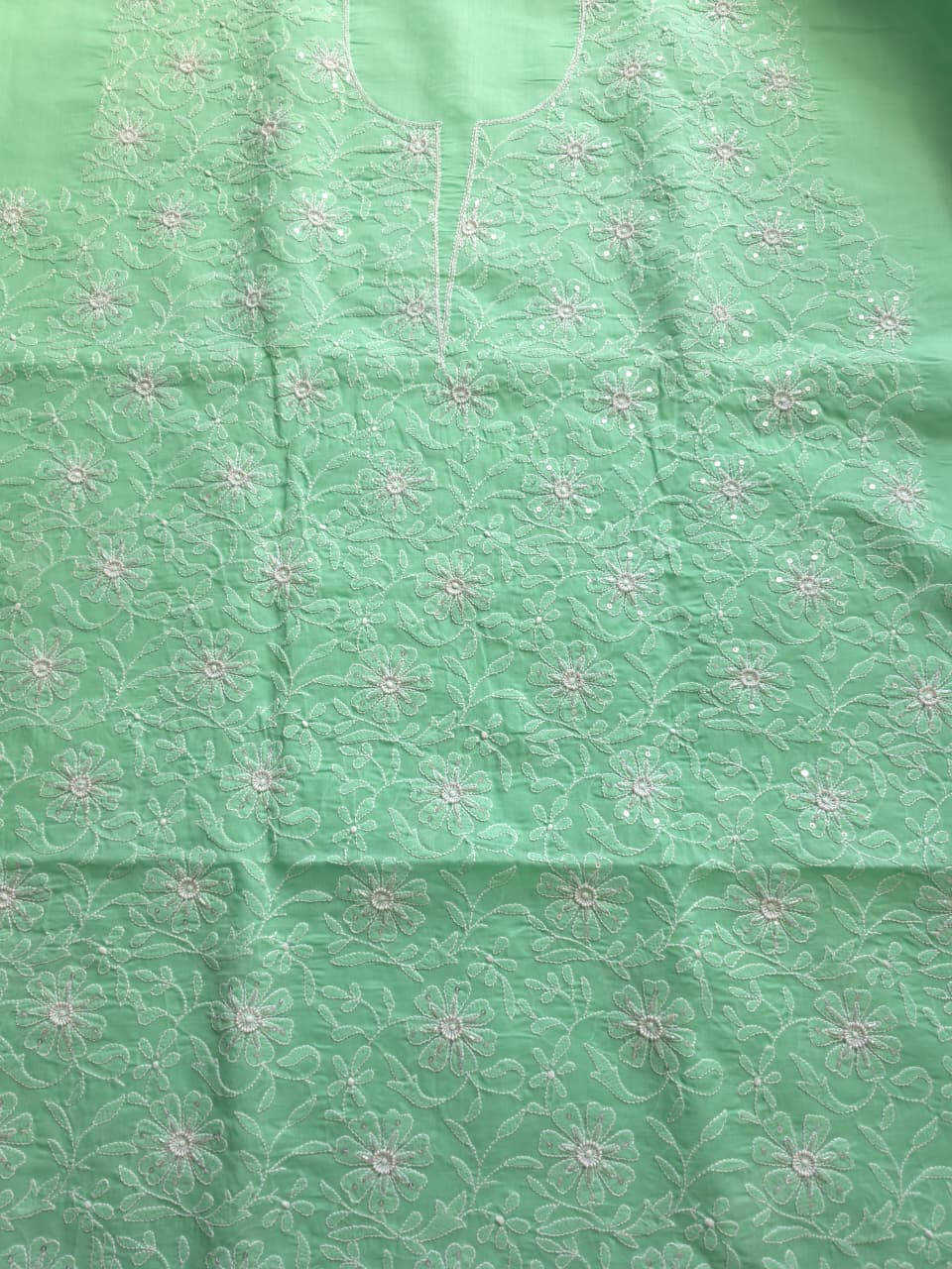 Green Cotton kurta fabric with jaalwork and embellishments