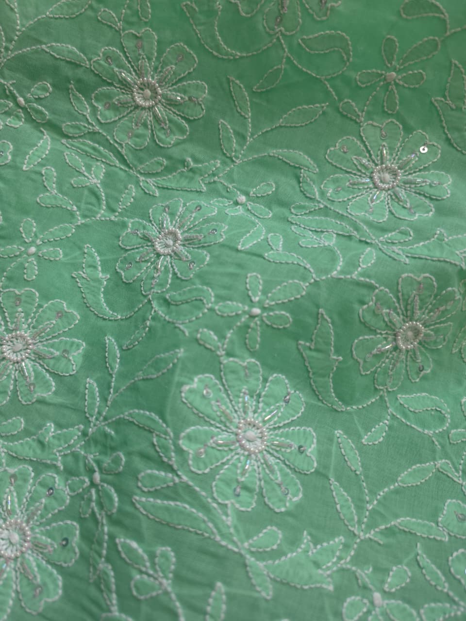 Green Cotton kurta fabric with jaalwork and embellishments