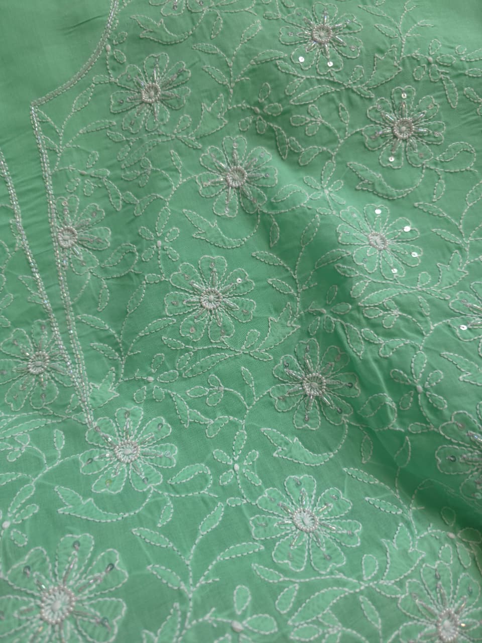 Green Cotton kurta fabric with jaalwork and embellishments