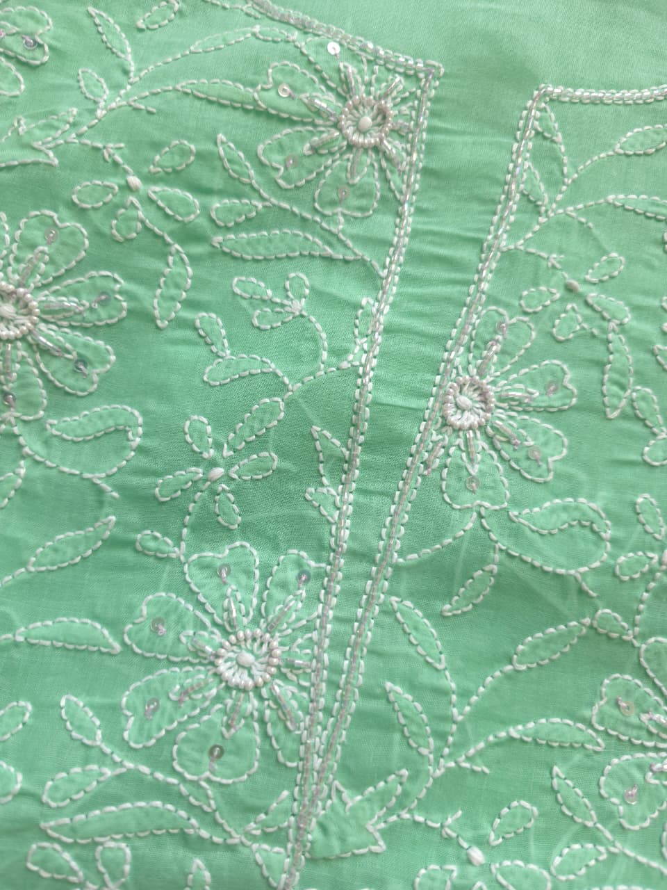 Green Cotton kurta fabric with jaalwork and embellishments