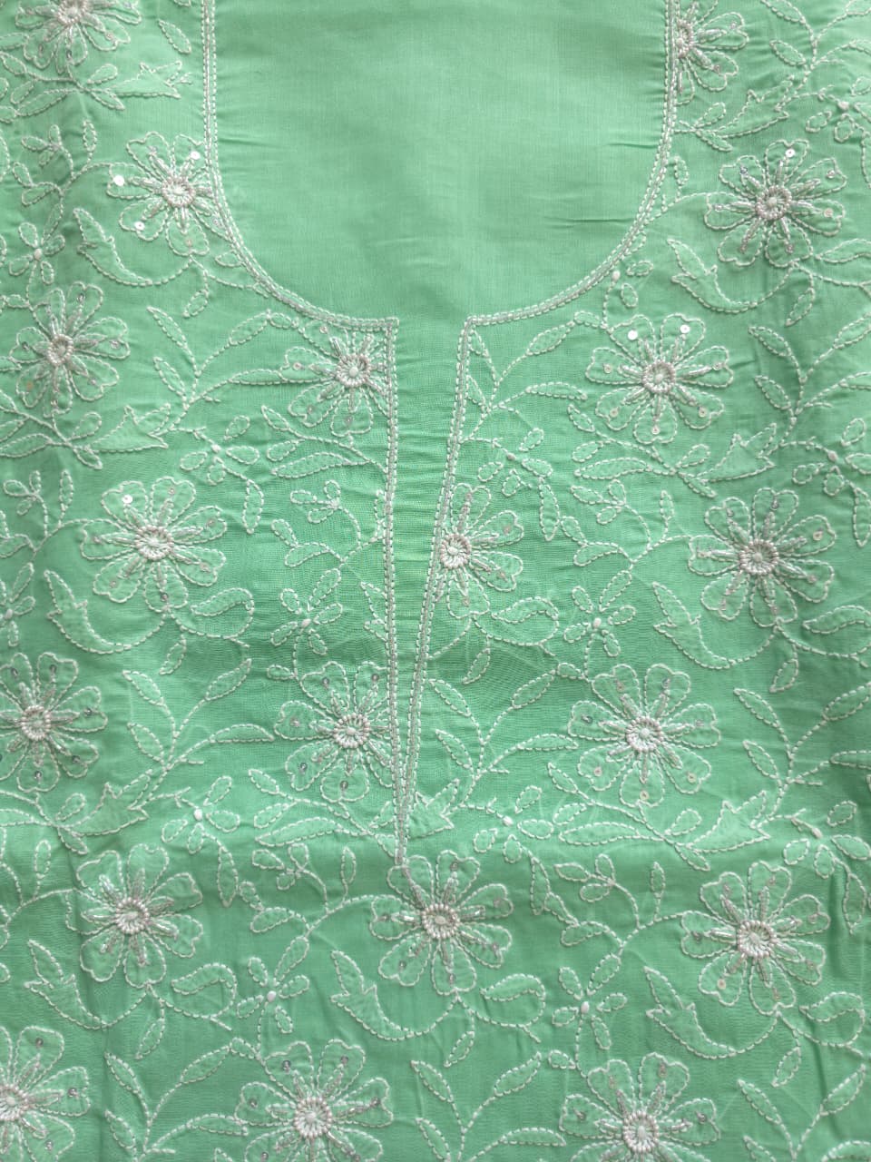 Green Cotton kurta fabric with jaalwork and embellishments