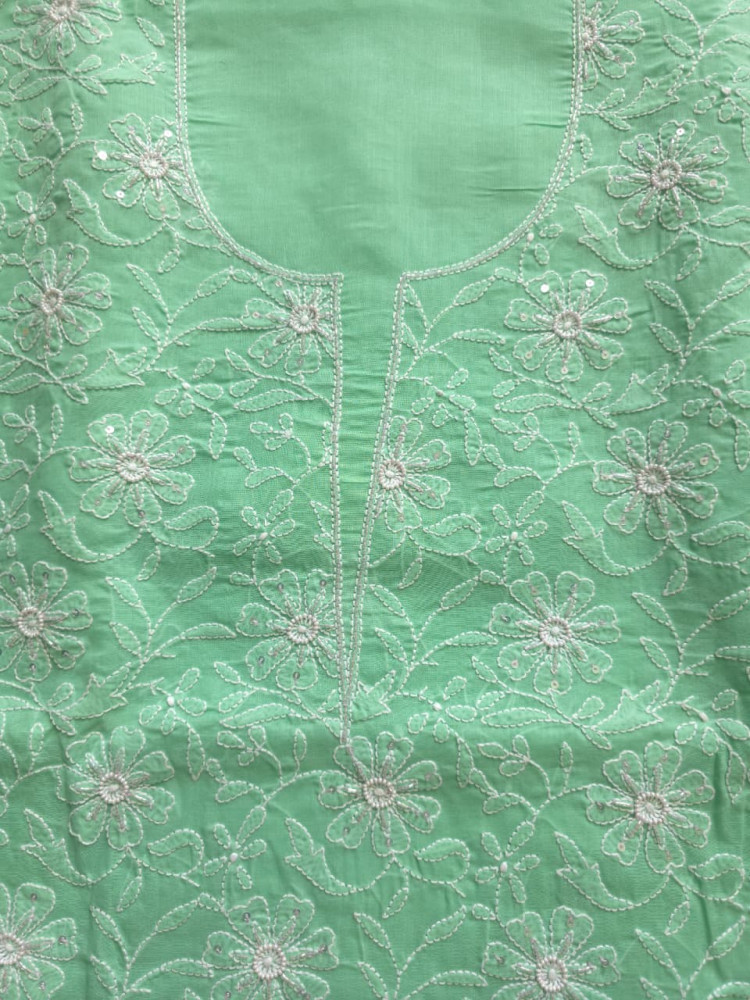 Image of Green Cotton kurta fabric with jaalwork and embellishments