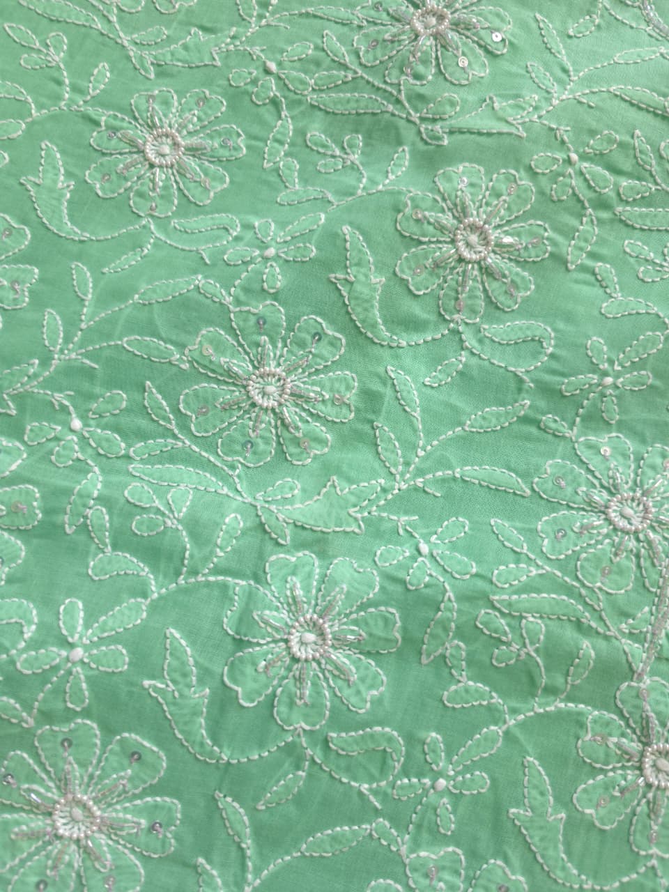 Green Cotton kurta fabric with jaalwork and embellishments