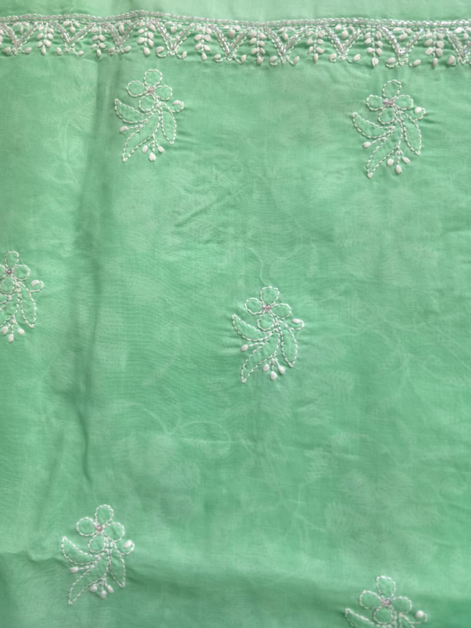 Green Cotton kurta fabric with jaalwork and embellishments
