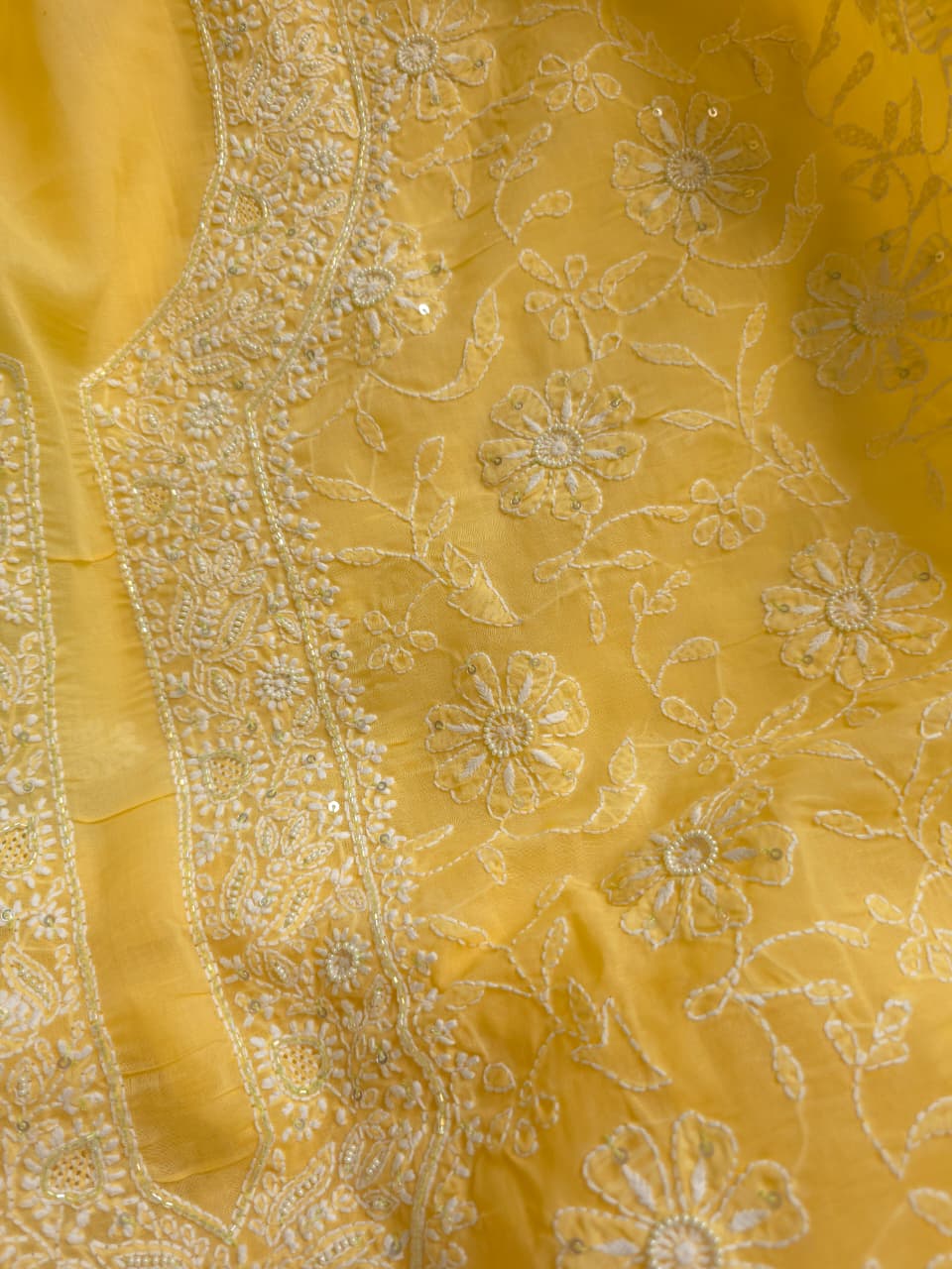 Yellow Cotton kurta fabric with Handwork and embellishments
