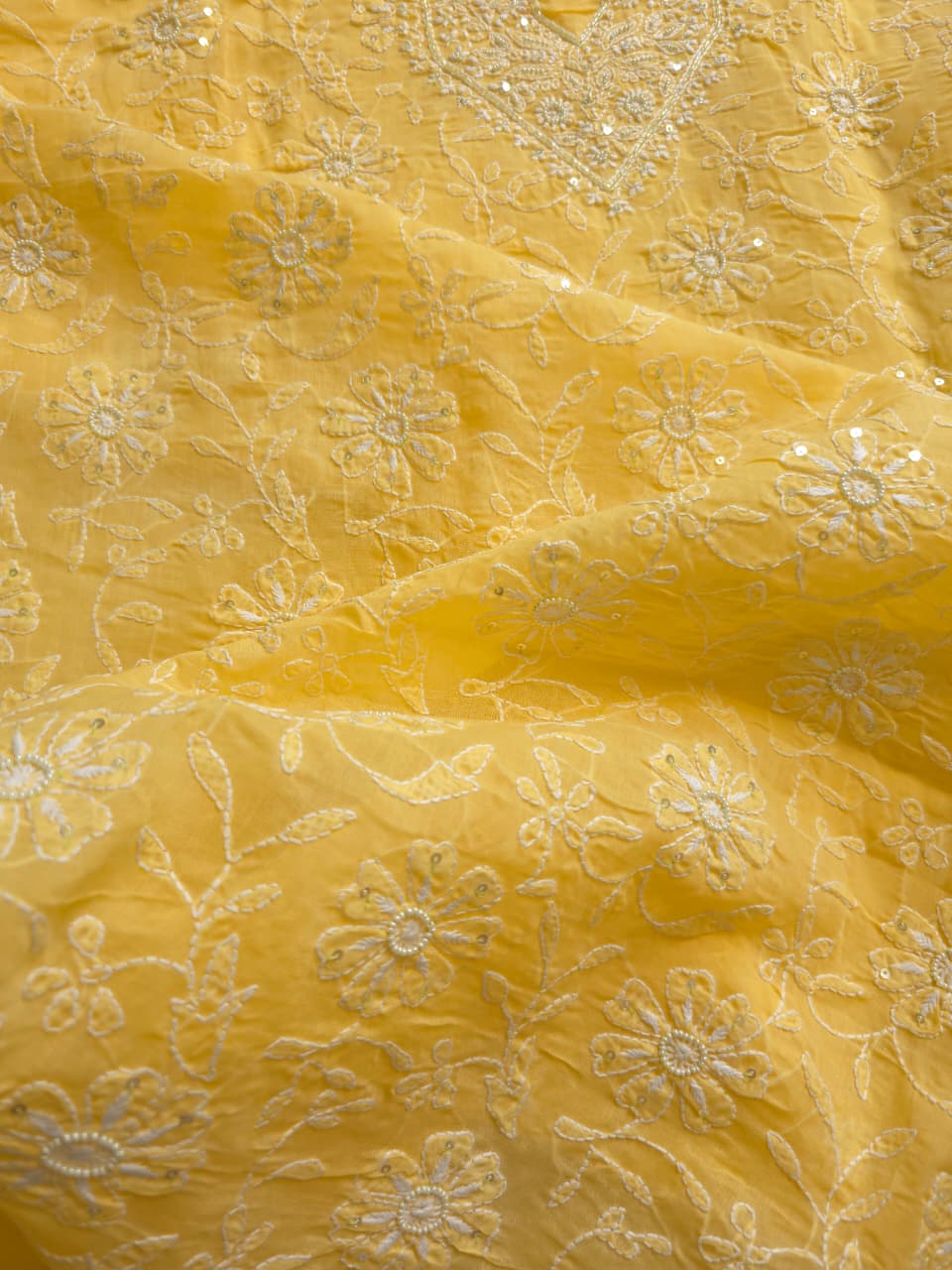 Yellow Cotton kurta fabric with Handwork and embellishments