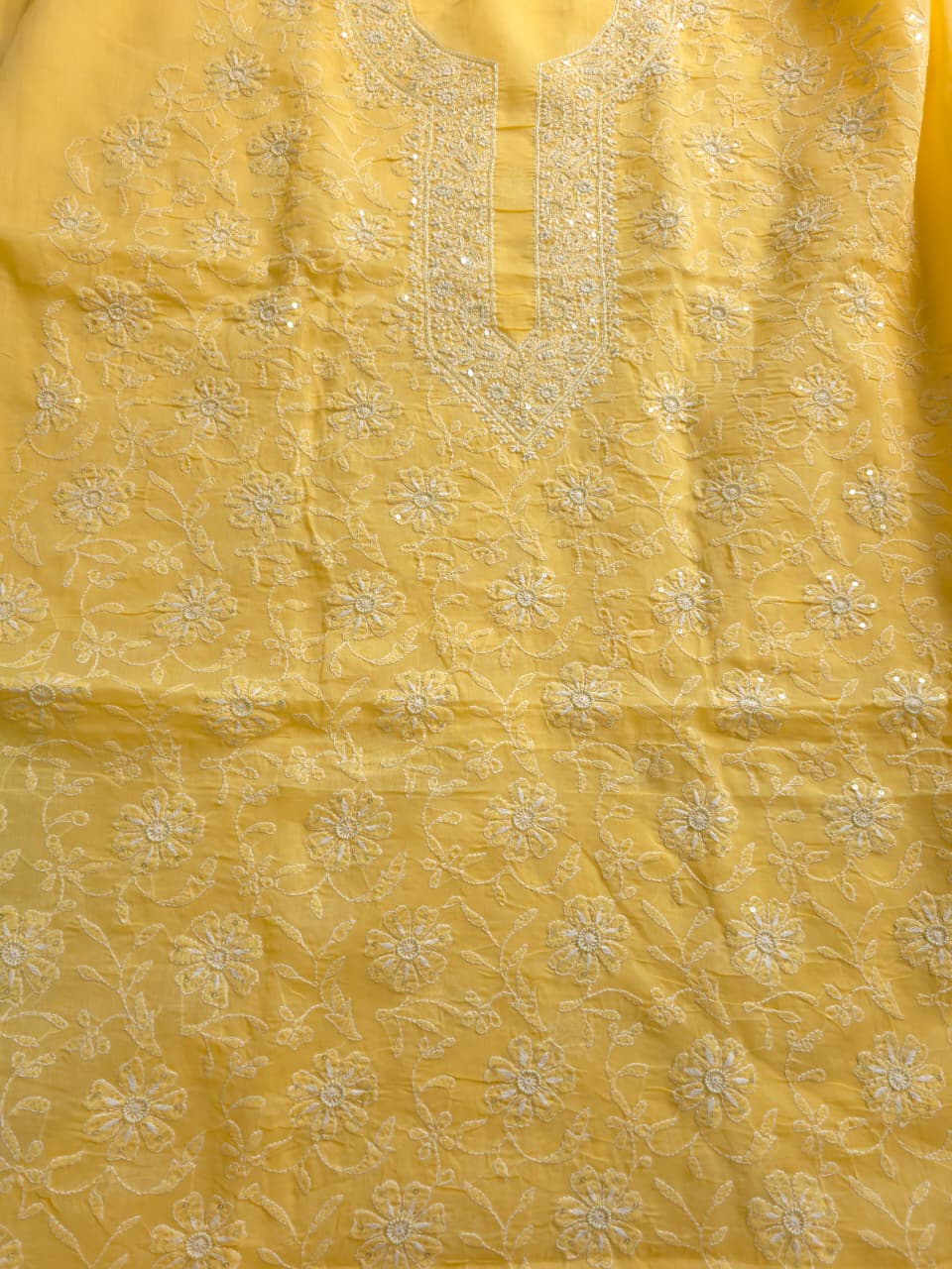 Yellow Cotton kurta fabric with Handwork and embellishments