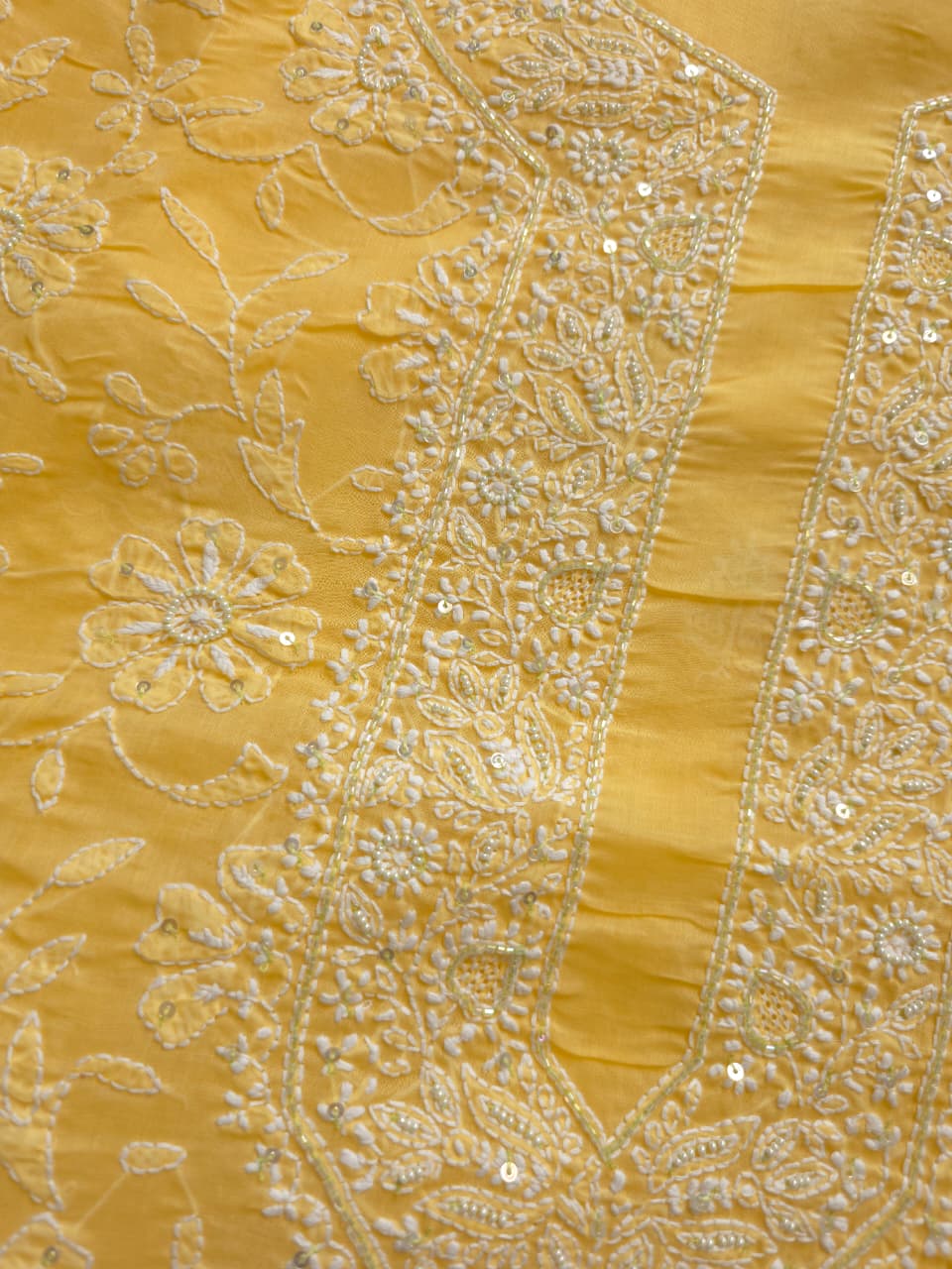 Yellow Cotton kurta fabric with Handwork and embellishments