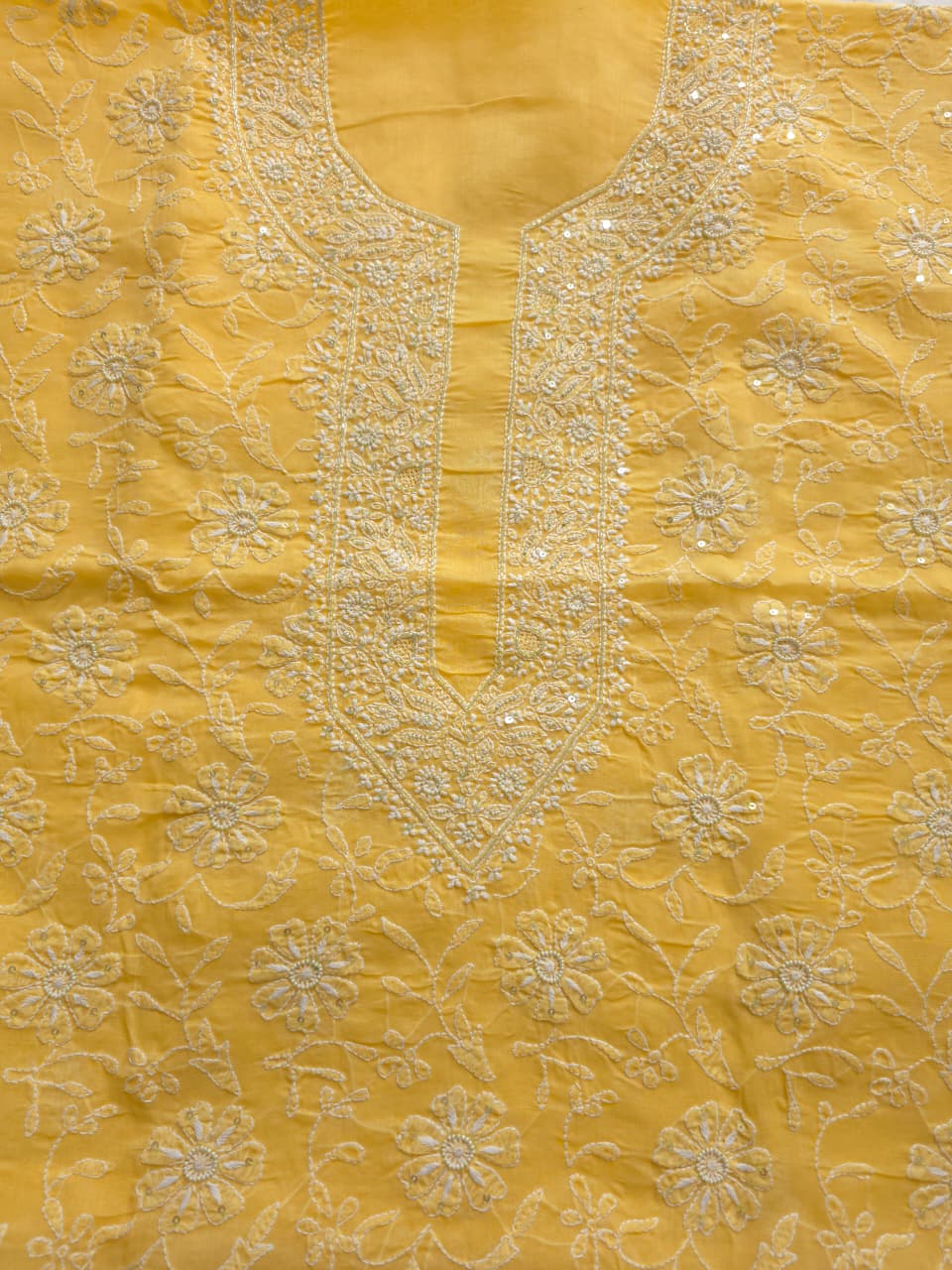 Yellow Cotton kurta fabric with Handwork and embellishments