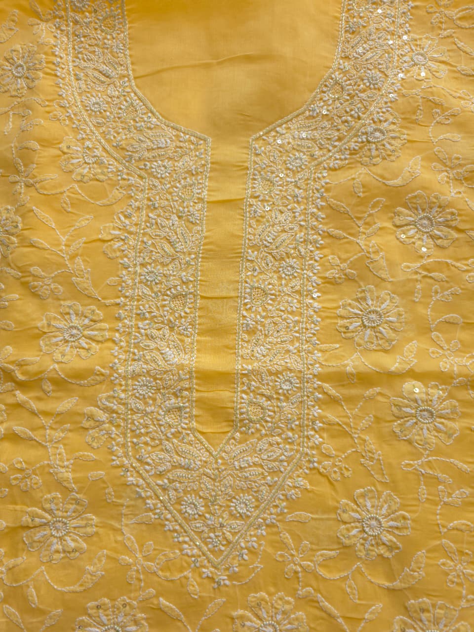 Yellow Cotton kurta fabric with Handwork and embellishments