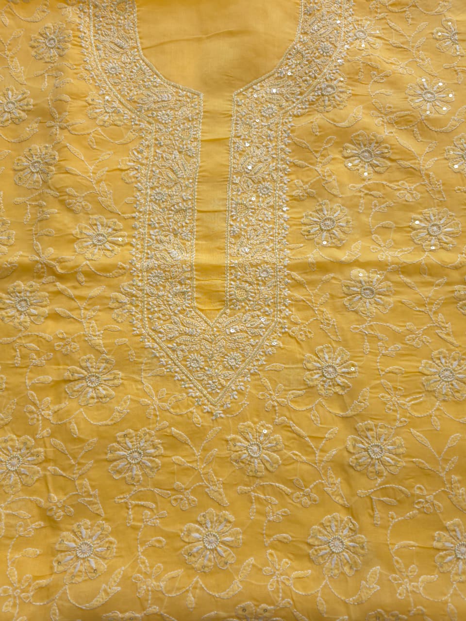 Yellow Cotton kurta fabric with Handwork and embellishments