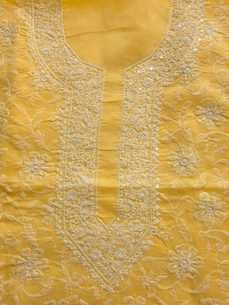 Yellow Cotton kurta fabric with Handwork and embellishments