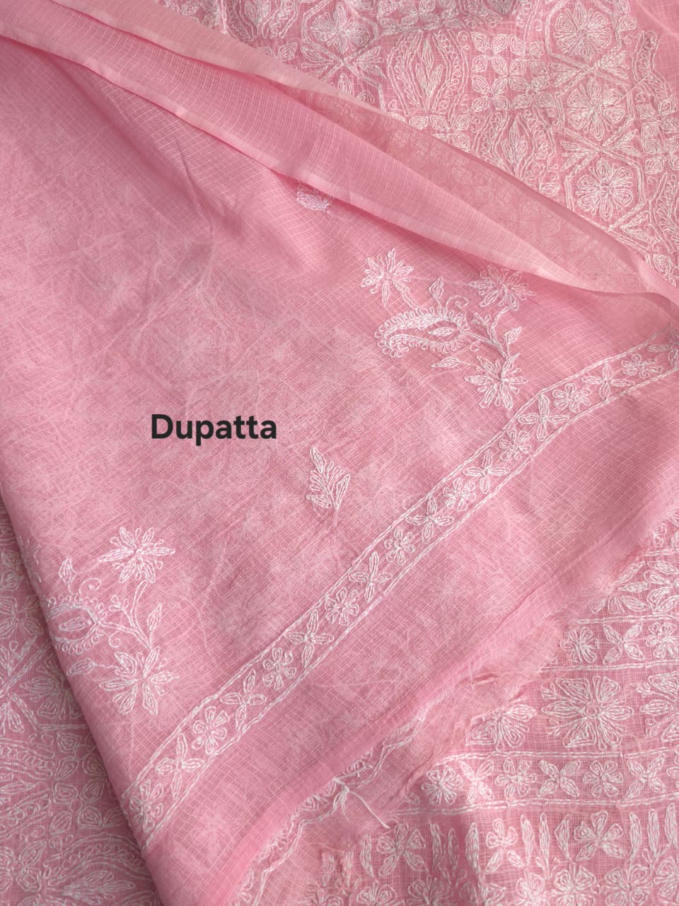 Pink Kota cotton kurta dupatta with Fine Tepchi Jaalwork