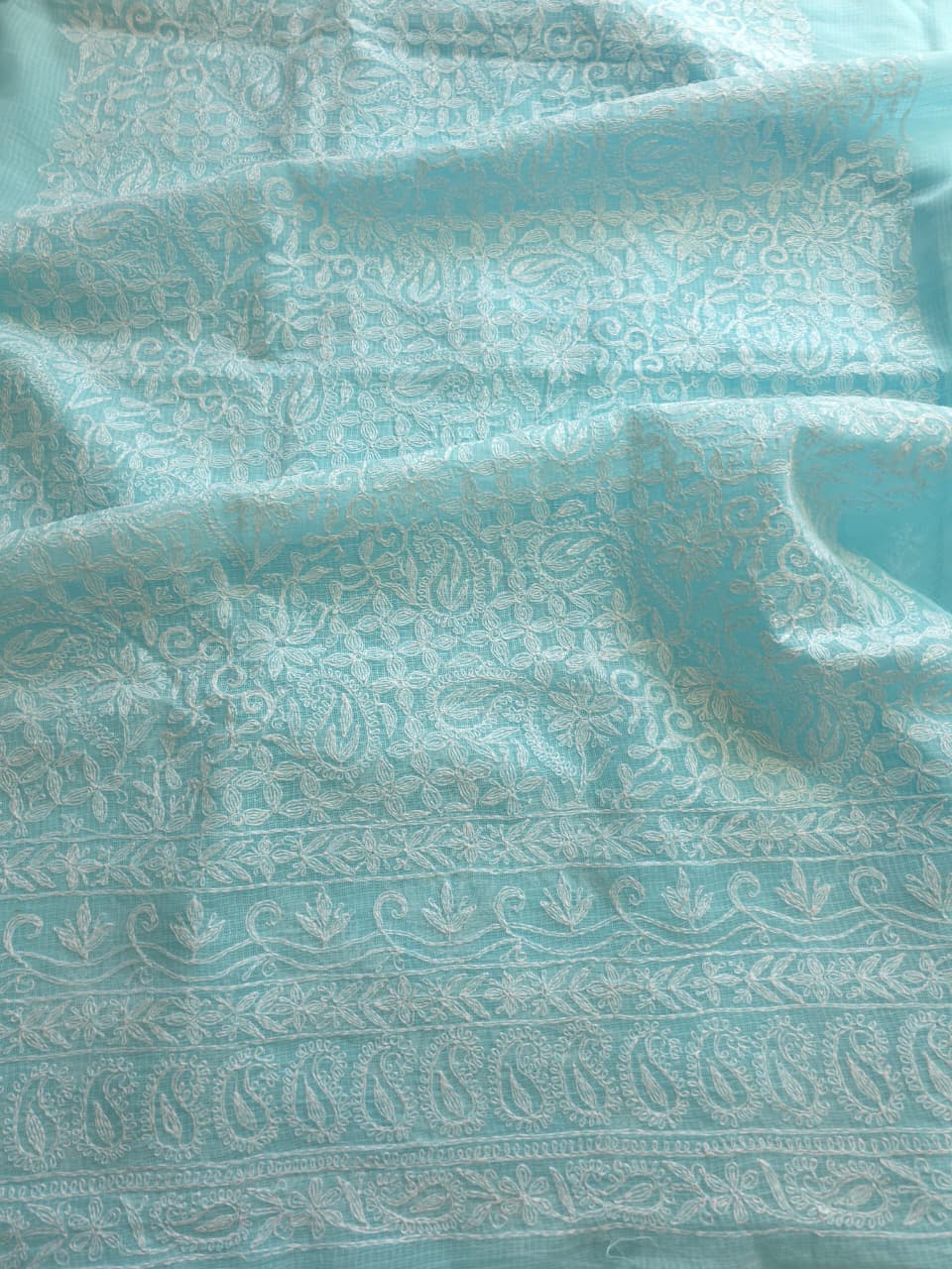 Sky blue kota kurta dupatta set with fine tepchi work