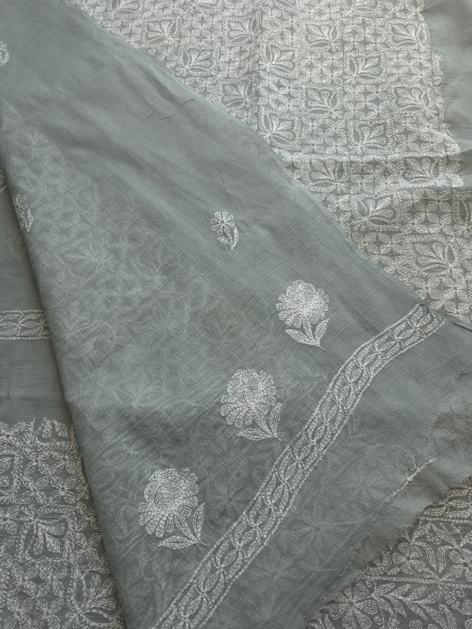 Grey Kota cotton kurta dupatta with fine Tepchi Jaalwork
