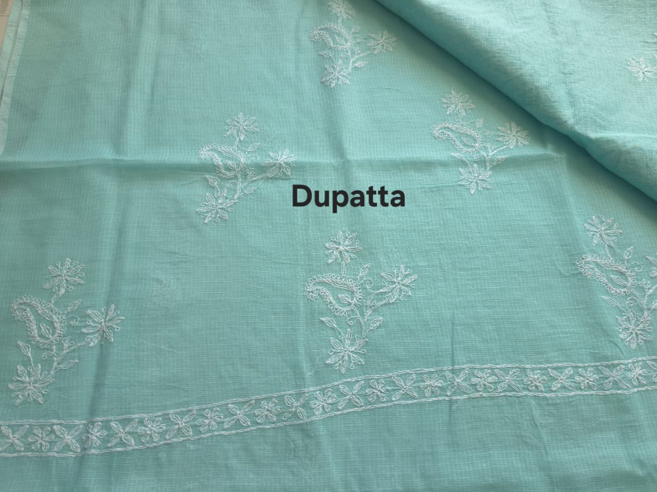 Sea Green Kota cotton kurta dupatta with fine tepchi work