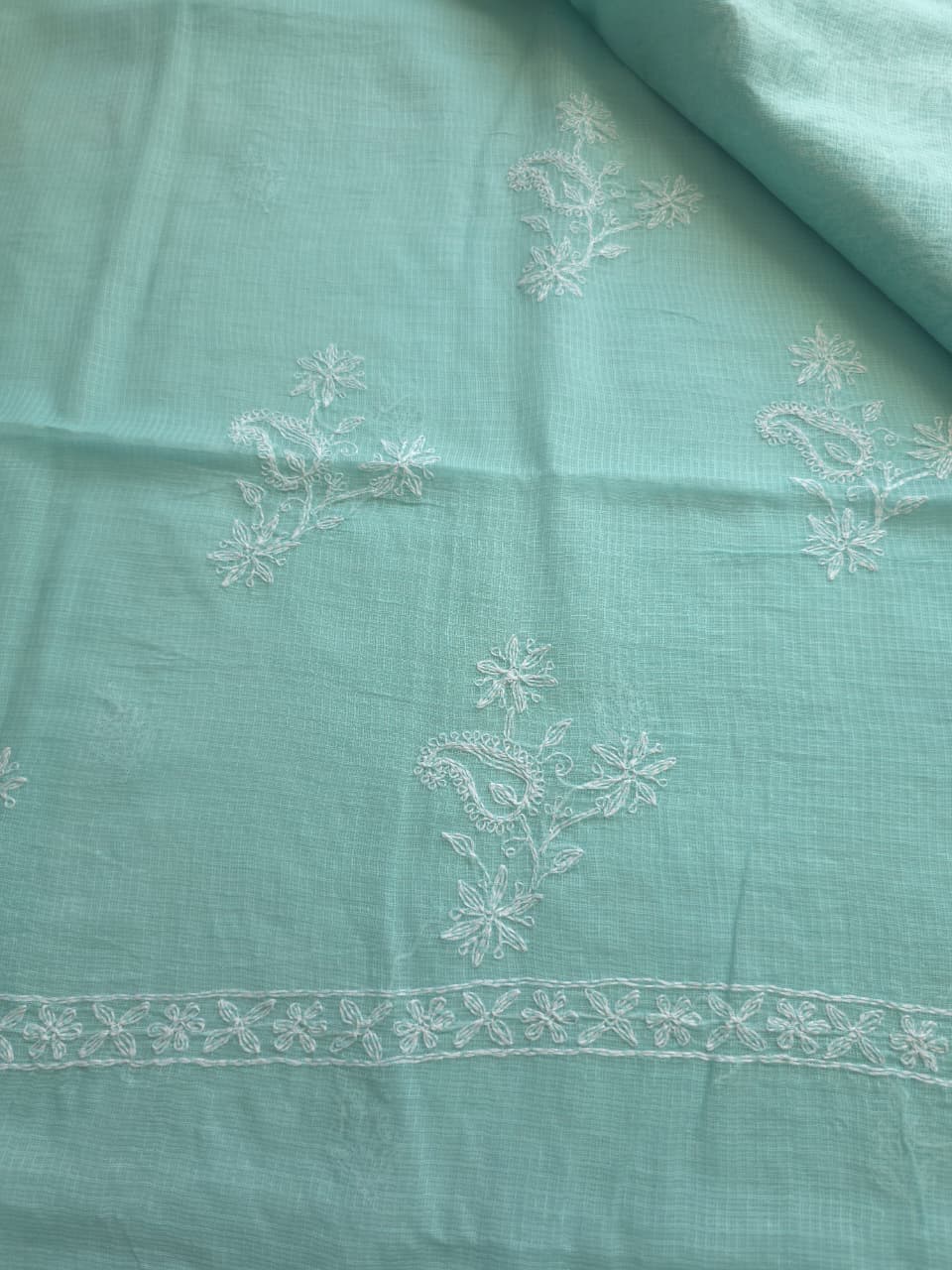 Sea Green Kota cotton kurta dupatta with fine tepchi work