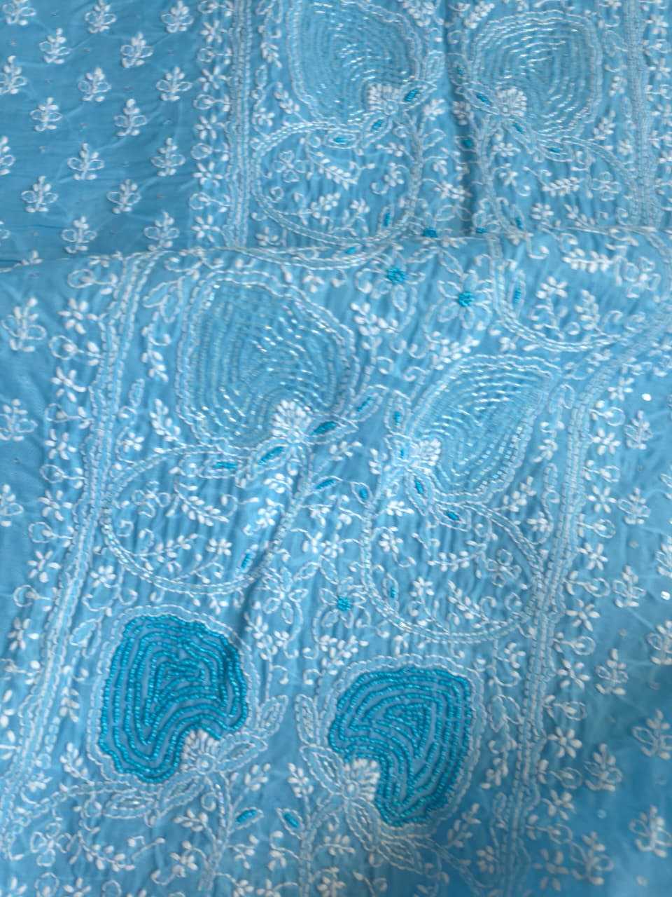 Blue Cotton full set with fine chikankari and heavy embellishments