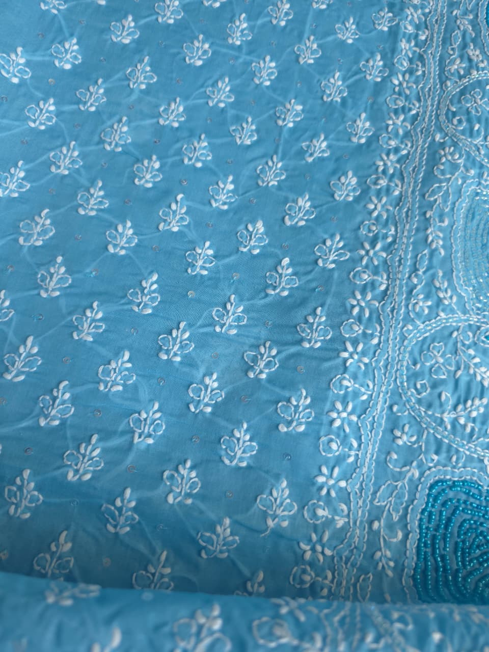 Blue Cotton full set with fine chikankari and heavy embellishments
