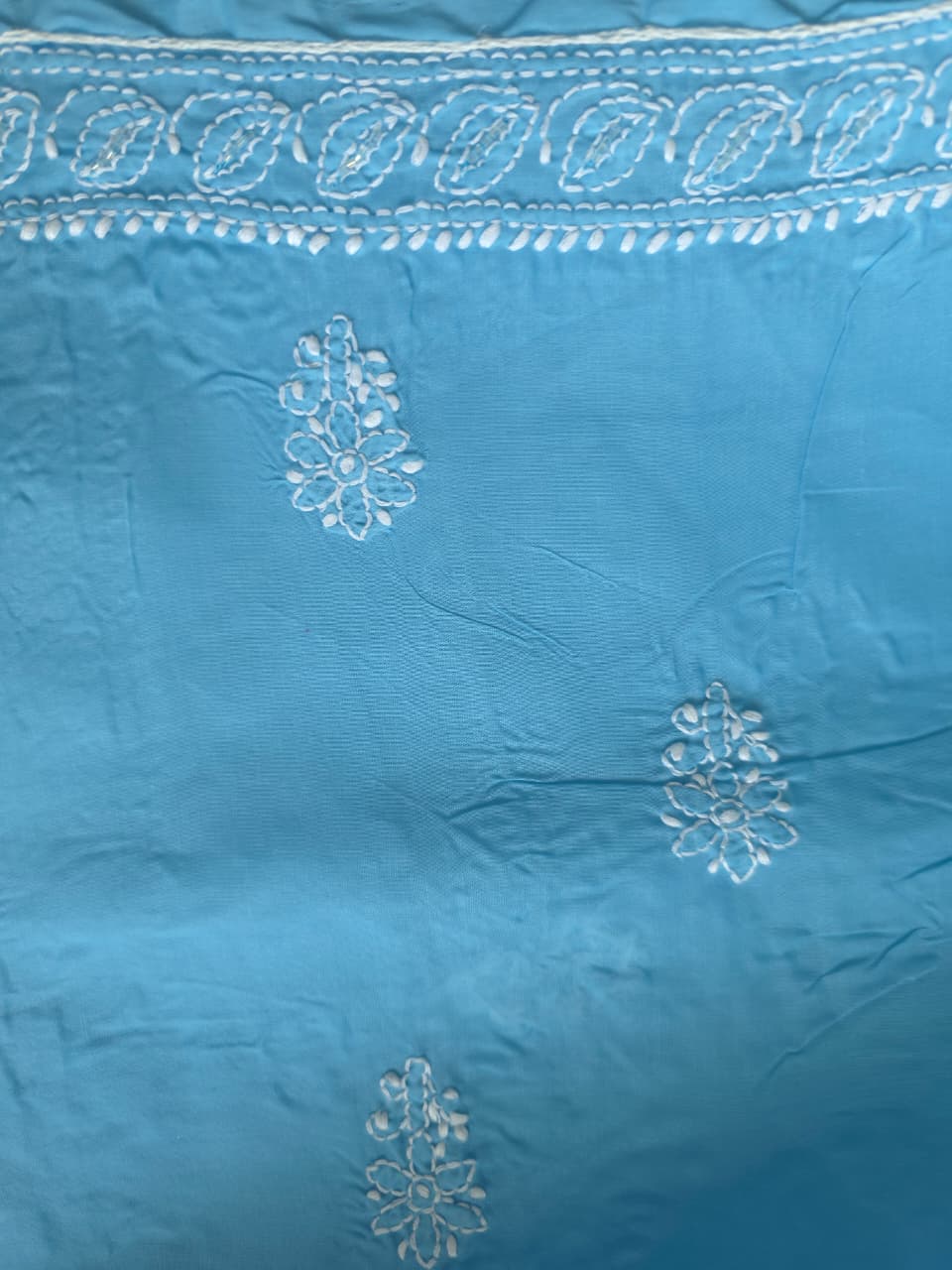 Blue Cotton full set with fine chikankari and heavy embellishments