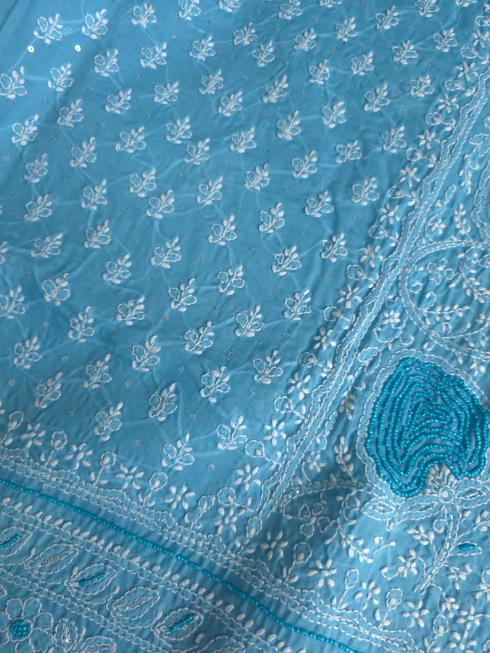 Blue Cotton full set with fine chikankari and heavy embellishments