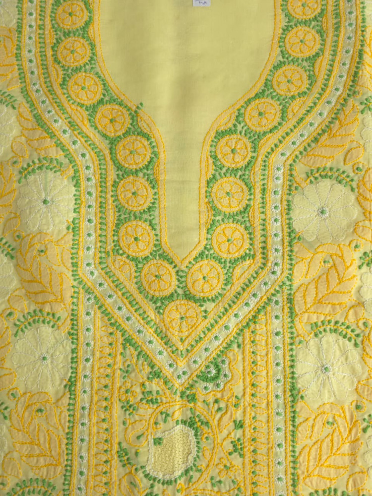 Image of Yellow premium cotton full set with contrast chikankari and desinger dupatta