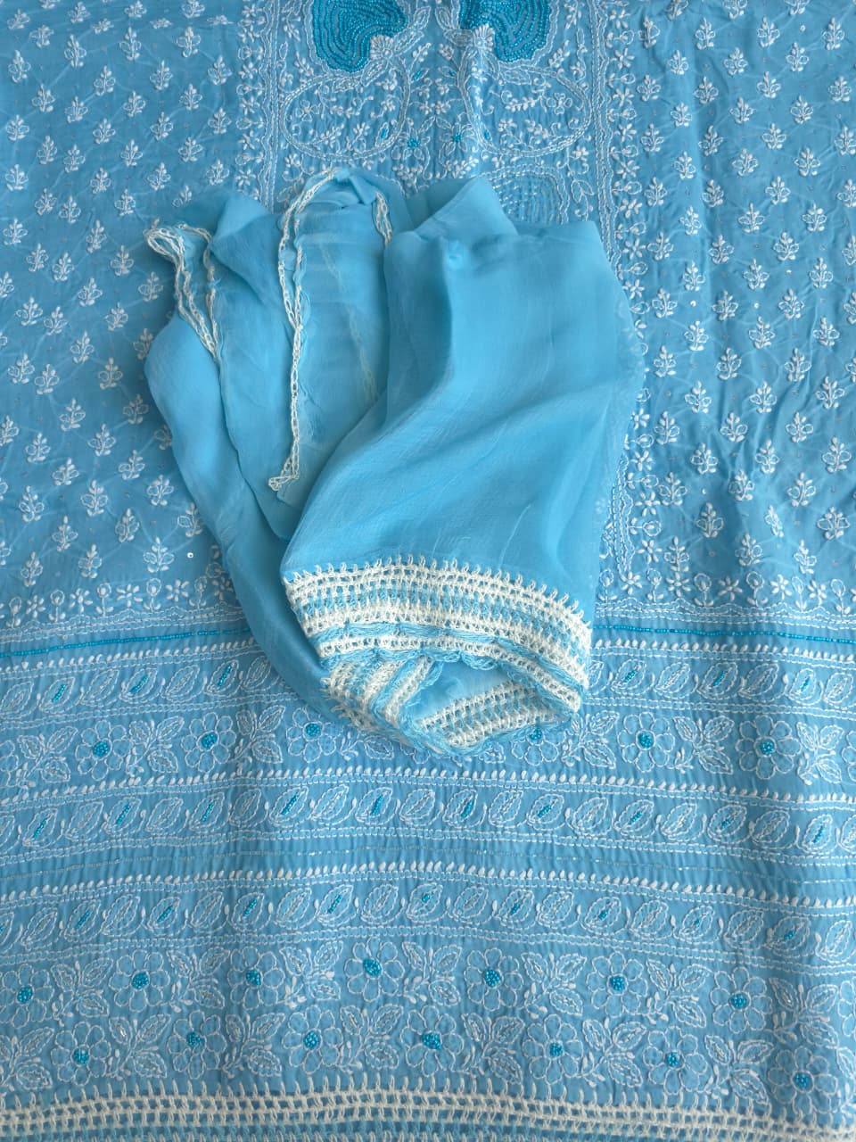 Blue Cotton full set with fine chikankari and heavy embellishments